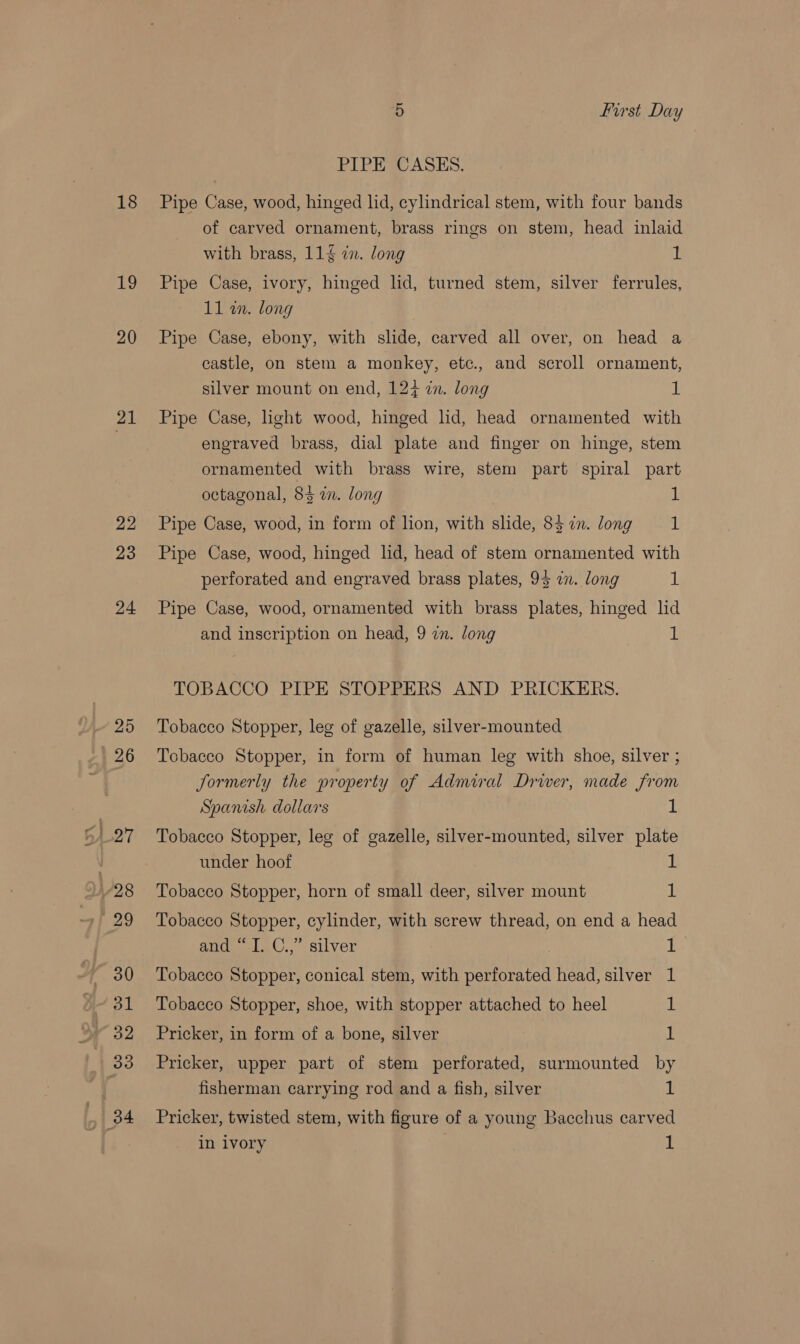 18 19 20 21 22 23 24 25 26 5 first Day PIPE CASES. Pipe Case, wood, hinged lid, cylindrical stem, with four bands of carved ornament, brass rings on stem, head inlaid with brass, 114 in. long 1 Pipe Case, ivory, hinged lid, turned stem, silver ferrules, 11 in. long Pipe Case, ebony, with slide, carved all over, on head a castle, on stem a monkey, etc., and scroll ornament, silver mount on end, 124 in. long 1 Pipe Case, light wood, hinged hd, head ornamented with engraved brass, dial plate and finger on hinge, stem ornamented with brass wire, stem part spiral part octagonal, 83 wm. long 1 Pipe Case, wood, in form of lon, with slide, 8} 7. long 1 Pipe Case, wood, hinged lid, head of stem ornamented with perforated and engraved brass plates, 93 i. long 1 Pipe Case, wood, ornamented with brass plates, hinged lid and inscription on head, 9 an. long 1 TOBACCO PIPE STOPPERS AND PRICKERS. Tobacco Stopper, leg of gazelle, silver-mounted Tobacco Stopper, in form of human leg with shoe, silver ; formerly the property of Admiral Driver, made from Spanish dollars 1 Tobacco Stopper, leg of gazelle, silver-mounted, silver plate under hoof 1 Tobacco Stopper, horn of small deer, silver mount i Tobacco Stopper, cylinder, with screw thread, on end a head and “I. C.,” silver 1 Tobacco Stopper, conical stem, with perforated head, silver 1 Tobacco Stopper, shoe, with stopper attached to heel 1 Pricker, in form of a bone, silver 1 Pricker, upper part of stem perforated, surmounted by fisherman carrying rod and a fish, silver 1 Pricker, twisted stem, with figure of a young Bacchus carved in ivory 1