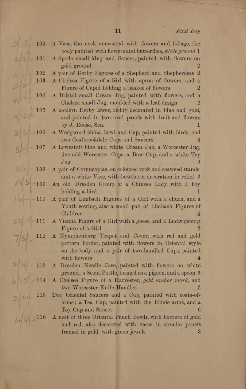 100 101 102 103 104 105 106 107 108 D109 ! A First Day A Vase, the neck encrusted with flowers and foliage, the body painted with flowers and butterflies, white ground 1 A Spode small Mug and Saucer, painted with flowers on gold ground 2 A pair of Derby Figures of a Shepherd and Shepherdess 2 A Chelsea Figure of a Girl with apron of flowers, and a Figure of Cupid holding a basket of flowers 2 A Bristol small Cream Jug, painted with flowers, and a Chelsea small Jug, moulded with a leaf design 2 A modern Derby Ewer, richly decorated in blue and gold, and painted in two oval panels with fruit and flowers by J. Rouse, Sen. 1 A Wedgwood china Bowl and Cup, painted with birds, and two Coalbrookdale Cups and Saucers 6 A Lowestoft blue and white Cream Jug, a Worcester Jug, five odd Worcester Cups, a Bow Cup, and a white Toy Jug a A pair of Cornucopiae, on coloured rock and seaweed stands, and a white Vase, with hawthorn decoration in relief 3 An old Dresden Group of a Chinese Lady with a boy holding a bird 1 A pair of Limbach Figures of a Girl with a churn, and a Youth sowing, also a small pair of Limbach Figures of Children 4 A Vienna Figure of a Girl with a goose, and a Ludwigsburg Figure of a Girl 2 A Nymphenburg Teapot and Cover, with red and gold pattern border, painted with flowers in Oriental style on the body, and a pair of two-handled Cups, painted with flowers 3 A Dresden Needle Case, painted with flowers on white ground; a Scent Bottle, formed as a pigeon, and a spoon 3 A Chelsea Figure of a Harvester, gold anchor mark, and two Worcester Knife Handles 3 Two Oriental Saucers and a Cup, painted with coats-of- arms; a Tea Cup, painted with the Hinde arms, and a Toy Cup and Saucer | 6 A nest of three Oriental Punch Bowls, with borders of gold and red, also decorated with vases in circular panels