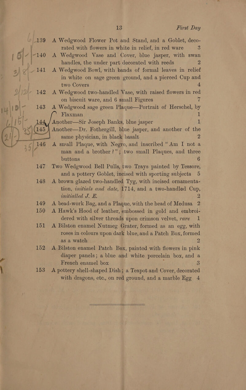 139 A Wedgwood Flower Pot and Stand, and a Goblet, deco-   Bet rated with flowers in white in relief, in red ware 3 ©) | / 140 A Wedgwood Vase and Cover, blue jasper, with swan lat handles, the under part decorated with reeds 2 « @ 141 A Wedgwood Bowl, with bands of formal leaves in relief vs in white on sage green ground, and a pierced Cup and two Covers = 142 A Wedgwood two-handled Vase, with raised flowers in red ms on biscuit ware, and 6 small Figures 7 yu 1 Bpi- 143 A Wedgwood sage green Plaque—Portrait of Herschel, by 4 Flaxman 1 Another—Sir Joseph Banks, blue jasper 1 Another—Dr. Fothergill, blue jasper, and another of the same physician, in black basalt 2 A small Plaque, with Negro, and inscribed “Am I not a man and a brother?” ; two small Plaques, and three buttons 6 147 Two Wedgwood Bell Pulls, two Trays painted by Tessore, and a pottery Goblet, incised with sporting subjects 5 148 A brown glazed two-handled Tyg, with incised ornamenta- tion, inrtials and date, 1714, and a two-handled Cup, initialled J. E. 2 149 &lt;A bead-work Bag, and a Plaque, with the head of Medusa 2 150 A Hawk’s Hood of leather, embossed in gold and embroi- dered with silver threads upon crimson velvet, rare 1 151 A Bilston enamel Nutmeg Grater, formed as an egg, with roses in colours upon dark blue, and a Patch Box, formed as a watch . 2 152 A Bilston enamel Patch Box, painted with flowers in pink diaper panels; a blue and white porcelain box, and a French enamel box ‘ ) \ | 153 A pottery shell-shaped Dish; a Teapot and Cover, decorated with dragons, etc., on red ground, and a marble Egg 4  