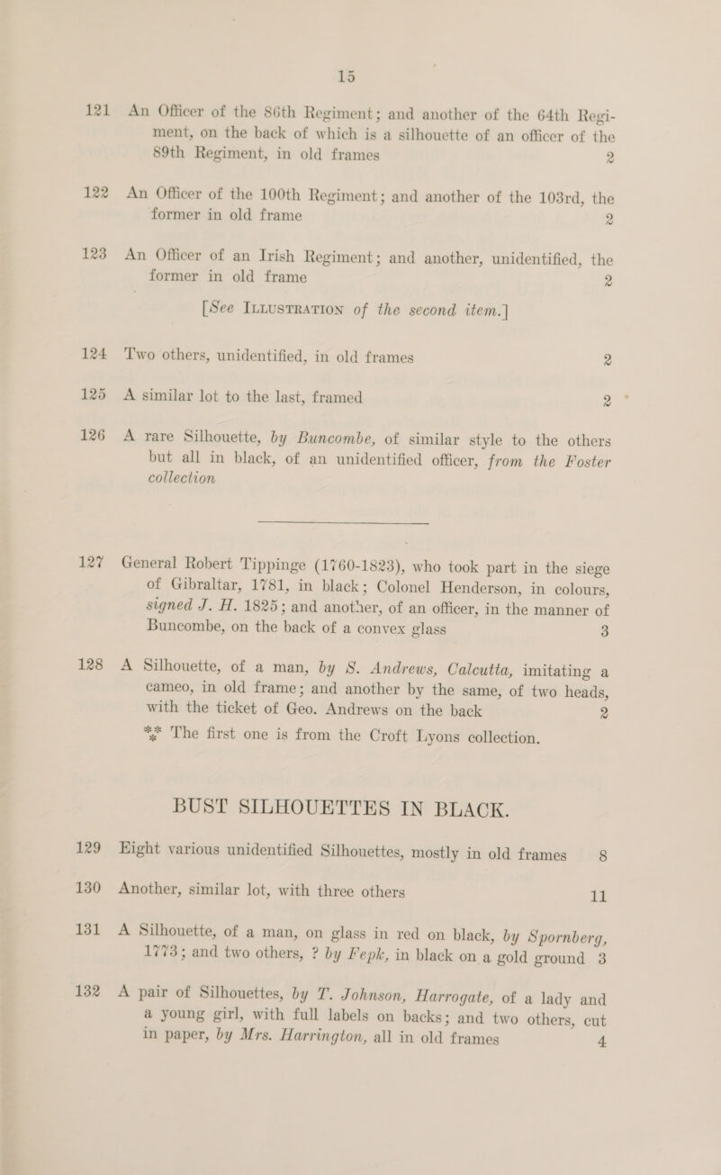 121 122 123 127 128 129 130 131 132 15 An Officer of the 86th Regiment; and another of the 64th Regi- ment, on the back of which is a silhouette of an officer of the 89th Regiment, in old frames 2 An Officer of the 100th Regiment; and another of the 103rd, the former in old frame 2 An Officer of an Irish Regiment; and another, unidentified, the former in old frame 2 [See Ittustration of the second item.] Two others, unidentified, in old frames 2 A similar lot to the last, framed 2° A rare Silhouette, by Buncombe, of similar style to the others but all in black, of an unidentified officer, from the Foster collection General Robert Tippinge (1760-1823), who took part in the siege of Gibraltar, 1781, in black; Colonel Henderson, in colours, signed J. H. 1825; and another, of an officer, in the manner of Buncombe, on the back of a convex glass 3 A Silhouette, of a man, by 8. Andrews, Calcutta, imitating a cameo, in old frame; and another by the same, of two heads, with the ticket of Geo. Andrews on the back 2 % The first one is from the Croft Lyons collection. BUST SILHOUETTES IN BLACK. Eight various unidentified Silhouettes, mostly in old frames 8 Another, similar lot, with three others il A Silhouette, of a man, on glass in red on black, by Spornberg, 1773; and two others, ? by Fepk, in black on a gold ground 3 A pair of Silhouettes, by T. Johnson, Harrogate, of a lady and a young girl, with full labels on backs; and two others, cut