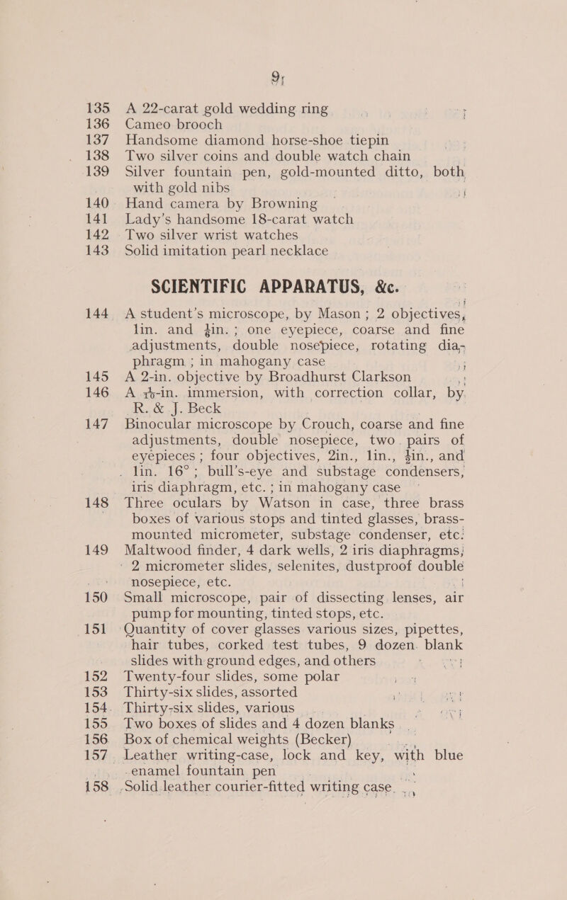 135 136 137 138 139 140 141 142 143 144 145 146 147 149 150 151 152 153 155 9; A 22-carat gold wedding ring k , vs Cameo. brooch ) Handsome diamond horse-shoe tiepin Two silver coins and double watch chain Silver fountain pen, gold-mounted ditto, both with gold nibs i Hand camera by Browning ~ | Lady’s handsome 18-carat watch Two silver wrist watches Solid imitation pearl necklace SCIENTIFIC APPARATUS, &amp;c. A student’s microscope, by Mason ; 2 objectives, lin. and gin.; one eyepiece, coarse and fine adjustments, double nosepiece, rotating dia- phragm ; in mahogany case | A 2-in. objective by Broadhurst Clarkson .§ A zy-in. immersion, with correction collar, by. R. &amp; J. Beck Binocular microscope by Crouch, coarse and fine adjustments, double nosepiece, two. eis of eyepleces ; four objectives, 2in., lin., $in., and Y iris diaphragm, etc. ; in mahogany case Three oculars by Watson in case, three brass boxes of various stops and tinted glasses, brass- mounted micrometer, substage condenser, etc: Maltwood finder, 4 dark wells, 2 iris diaphragms; nosepiece, etc. Small microscope, pair of dissecting lenses, air pump for mounting, tinted stops, etc. Quantity of cover glasses various sizes, pipettes, hair tubes, corked test tubes, 9 dozen. pas slides with ground edges, and others Twenty-four slides, some polar | Thirty-six slides, assorted eT. Bed Thirty-six slides, various _. Sag Two boxes of slides and 4 dozen blanks Box of chemical weights (Becker) Leather writing-case, lock and key, with blue -enamel fountain pen