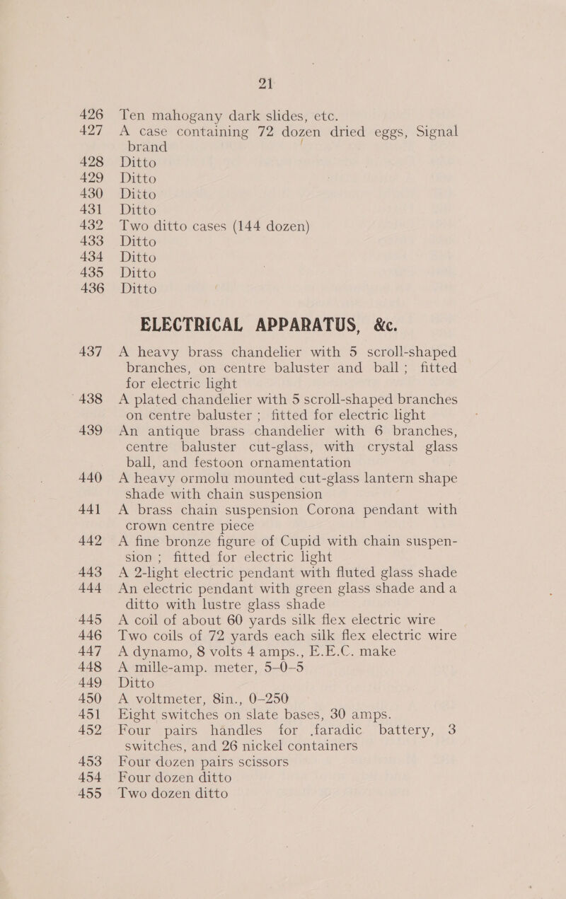 426 427 428 429 430 431 432 433 434 435 436 437 438 439 440 44] 442 443 +44 445 446 447 448 449 450 451 452 453 454 455 ak Ten mahogany dark slides, etc. A case containing 72 dozen dried eggs, Signal brand Ditto Ditto Ditto Ditto Two ditto cases (144 dozen) Ditto Ditto Ditto Ditto ELECTRICAL APPARATUS, &amp;c. A heavy brass chandelier with 5 scroll-shaped branches, on centre baluster and ball; fitted for electric light A plated chandelier with 5 scroll-shaped branches on centre baluster ; fitted for electric light An antique brass chandelier with 6 branches, centre baluster cut-glass, with crystal glass ball, and festoon ornamentation A heavy ormolu mounted cut-glass lantern shape shade with chain suspension A brass chain suspension Corona pendant with crown centre piece A fine bronze figure of Cupid with chain suspen- sion ; fitted for electric light A 2-light electric pendant with fluted glass shade An electric pendant with green glass shade anda ditto with lustre glass shade A coil of about 60 yards silk flex electric wire Two coils of 72 yards each silk flex electric wire A dynamo, 8 volts 4 amps., E.E.C. make A mille-amp. meter, 5-0-5 Ditto A voltmeter, 8in., 0—250 Fight switches on slate bases, 30 amps. Four pairs handles for .faradic battery, 3 switches, and 26 nickel containers Four dozen pairs scissors Four dozen ditto Two dozen ditto