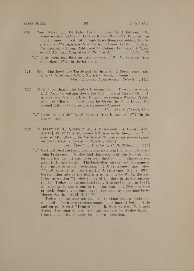 520 Pope (Alexander) Of False Taste ... The Third Edition, 7 7/, water-stained, unbound, 1731 vs B-=—-N’s Progréss ; in fight Scenes... With Mr. Frank Lyn’s Remarks, folding jfrontis- piece in eight compartments and 4 Ul., unbound, 1733— The Rape. An Epistolary Poem. Addressed to Colonel Francisco, 4 //., wn_ bound, London: Printed by J. Read, n. d. Solio. (3) x Each poem inscribed on title or verso “W. M. Rossetti from KI locker, 1872” in the latter's hand.  521 Prior (Matthew) The Turtle and the Sparrow. A Poem, FIRST EDI- , . bs . . I z TION (half-title and title, 21/1. : B-R in tavos), unbound folio. London: Printed by J. Roberts... 1728 522 [Swift (Jonathan)| The Lady’s Dressing Room. To which is added, I. A Poem on cutting down the Old ‘Thorn at Market Hill. IT. Advice to a Parson. III. An Epigram on seeing a Worthy Prelate go out of Church... to wait on his Grace the I). of D.... The Second Edition (A-c°2 in fours), unbound, uncut 4to. For J. Roberts, 1732 *,* Inscribed on title‘ W. M. Rossetti from E, Locker, 1872” in the latter’s hand. 523. [SueLtiey (P. B.) QueeN Mas; A PuitosorpHicaAL Porm: Wit Notes], rinst “eDition, wants title and dedication, imprint cut Jrom p. 240, affecting the last line of the note on the previous page, ORIGINAL BOARDS, back-strip defective, UNCUT ; svo. |London: Printed by P. B. Shelley... 1813] x” On the fly-leaf are the following inscriptions in the hand of Edward John Trelawney : “ Shelley had thirty copies of this book printed for his friends. !t was never published by him. ‘This copy was given to Horace Smith. The bookseller tore of (stc¢) his name &amp; the printers to avoid prosecution. E. J. Trelawney,” and below “W.M. Rossetti from his friend E. J. Trelawney 15 July 1892.” On the other side of the leaf is a pencil-note by W. M. Rossetti (who has written 72 below the 92 of the date in the last inserip- tion): “Trelawney has misdated the gift to me [he died in 1881], &amp; | suppose he was wrong in thinking that only 30 copies were printed. Some slight pencellings in the text may I presume be by Elorace Smith. W.M.R. 1905.” Trelawney was also mistaken in thinking that a bookseller removed his own or a printer’s name. The imprint both on title and on p. 40 read “Printed by I. B. Shelley, No. 23, Chapel Street, Grosvenor Square,” and was removed by Shelley himself trom the majority of copies for his own protection.