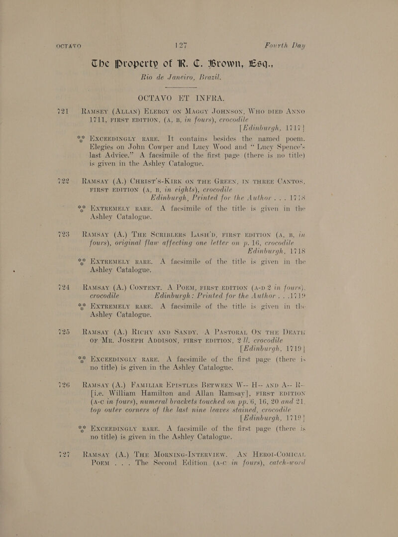 Che [Property of IR. C. Brown, Lsq., Rio de Janeiro, Brazil. OCTAVO ET INFRA. 721 Ramsey (ALLAN) ELERGy on Macey JoHNnson, WHO DIED ANNO 1711, FIRST EDITION, (A, B, in fours), crocodile [| Edinburgh, 1717} ** JXCEEDINGLY RARE. It contains besides the named poem. Elegies on John Cowper and Lucy Wood and “ Lucy Spence’s last Advice.” A facsimile of the first page (there is no title) is given in the Ashley Catalogue. T22 {AMSAY (A.) CHRIST’S-KIRK ON THE GREEN, IN THREE CANTOS, FIRST EDITION (A, B, in eights), crocodile Edinburgh, Printed for the Author... 17138 *“* HWXTREMELY RARE. A facsimile of the title is given in the Ashley Catalogue. 723 Ramsay (A.) THe Scripters LASH’D, FIRST EDITION (A, B, i fours), original flaw affecting one letter on p. 16, crocodile Edinburgh, 1718 ** HXTREMELY RARE. A facsimile of the title is given in the Ashley Catalogue. (24. Ramsay (A.) Content. A POEM, FIRST EDITION (A-D 2 in fours}, crocodile Edinburgh: Printed for the Author .. 1719 ** KXTREMELY RARE. A facsimile of the title is given in the Ashley Catalogue. 725 | Ramsay (A.) Richy anp Sanpy. -A Pastorat ON THE DEATH OF Mr. JOSEPH ADDISON, FIRST EDITION, 2//. crocodile [Ldinburgh, 1719 | ** HXCEEDINGLY RARE. A facsimile of the first page (there is no title) is given in the Ashley Catalogue. 726 Ramsay (A.) Famipiar Episttes BeErween W-- H-- anp A-- h-- [i.e. William Hamilton and Allan Ramsay], FIRST EDITION (A-c in fours), numeral brackets touched on pp. 6, 16, 20 and 21. top outer corners of the last nine leaves stained, crocodile [| Hdinburgh, 1719} ** HXCEEDINGLY RARE. A facsimile of the first page (there is no title) is given in the Ashley Catalogue.  727 Ramsay (A.) THe Morninc-INTERVIEW. AN HEROI-COMICAL Porm ... The Second Edition (A-c in fours), catch-word