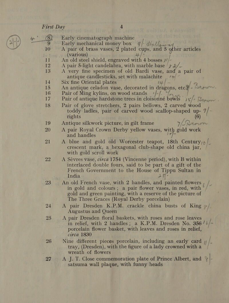 _— 3&amp;8 o.); 23 26 27 Early cinematograph recite Fe (various) An old steel shield, engraved mf 4 bosses J//- A pair 5-light candelabra, with marble base / ? o/- A very fine specimen of old Bardi vase, and a pair of antique candlesticks, set with malachite _ rap 7 Six fine Oriental plates by} - le An antique celadon vase, decorated in epi ly Ih etc - ~ Pair of Ming kylins, on wood stands ‘/-/. * Pair of antique hardstone trees in cloisonné bon pe th 3 [Sep Pair of glove stretchers, 2 pairs bellows, 2 carved wood toddy ladles, pair of carved wood scallop-shaped ‘8 a rights Antique silkwork picture, in gilt frame WLR Wteve7 A pair Royal Crown Derby yellow vases, wit dia abs) and handles A blue and gold old Worcester teapot, 18th Centuryyp | crescent mark, a hexagonal club-shape old china jar, with gold scroll work A Sévres vase, civca 1754 (Vincenne period), with B within interlaced double fours, said to be part of a gift of the French si eae to the House of Tippu Sultan in India 5 af: An old French vase, with 2 handles, and painted flowers in gold and colours; a pair flower vases, in red, with gold and green painting, with a reserve of the picture of The Three Graces (Royal Derby porcelain) A pair Dresden K.P.M. crackle china busts of King >, Augustus and Queen | A pair Dresden floral baskets, with roses and rose leaves, in relief, with 2 handles; a K.P.M. Dresden No. 356 /+/- porcelain flower basket, with leaves and roses in relief, circa 1830 Nine different pieces porcelain, including an early card |- tray, (Dresden), with the figure of a lady crowned with a / wreath of flowers A J. T. Close commemoration plate of Prince Albert, and “ae satsuma wall plaque, with funny heads / f /-