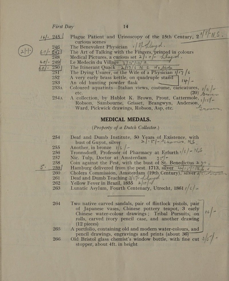 265 266 Plague Patient and Urinoscopy of the 15th uta 9 TA ys 3. “WV. ue curious scenes Ff, Al Keg ‘s The Benevolent Physician! / U]« KAho-ge The Art of Talking with the Fin ers, ge in colours Medical Pictures, a curious set 2) At hamphod’ a : Le Medecin du Village 37 TS 721 iN Siebel a The Itinerant Quack 3/iz/¢ N mer “Ne peel, The Dying Usurer, or the Wife of a Physician (/'7 /¢ A very early brass kettle, on arer stan An old hunting powder flask iy] fi Coloured aquatints—Italian views, costume, caricatures, / s etc. (2 Dy bl a A collection, by Hablot K. Brown, Prout, Cattermole, hs Robson, Sambourne, Grisset, Brangwyn, Anderson, f Ward, Pickwick drawings, Robson, Asp, etc. “Trev. &amp; MEDICAL MEDALS. (Property of a Dutch Collector.) . Deaf and Dumb Institute, 50 Years of Existence, with bust of Guyot, silver | HLS [= ALaceweee, NG | Another, in bronze 1a b j= he Na x Tronnsdorff, Professor if Pharmacy at Erfurth !/ ¢/- Nic. Tulp, Doctor at Amsterdam QI“) = Coin against the Pest, with the bust of St. Benedictus &gt; } Hamburg delivered from the pest. 1713, silver 4  Cholera Commission, ey. (19th Century), : hg Pega ee Deaf and Dumb Teaching 2‘ 7 yep 44 / Yellow Fever in Brazil, 1855 ‘afte Lunatic Asylum, Fourth Centenary, Utrecht, 1861 i/ ¢ / ~ Two native carved sandals, pair of flintlock pistols, pair of Japanese vases, Chinese pottery teapot, 3 early Chinese water-colour drawings; Tribal Pursuits, on | rolls, carved ivory pencil case, and another drawing A portfolio, containing old and modern water-colours, and pencil drawings, engravings and prints (about 3 ; Old Bristol glass chemist’s window bottle, with fine cut 3h - stopper, about 4ft. in height ney  ob