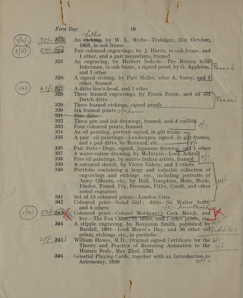 4 First 4 18  4, th * Wie 823)| n etehing, by W. L. Wailigs Urata 2ist October, ere kei ae in oak frame 3/ S] ) ] ~a/- 624) Pair coloured engravings, by J. Harris, in oak frame, and NL 1 other, and a pair mezzotints, framed 325 An engraving, by Herbert Sedcole—The Return 7 Inkerman, in oak frame, a signed proof, by G. Appleton, leon tc and 1 other 326 A signed etching, by Purr Mallet, after A. Verey, and A my . other, framed Mey, &amp; o/- 2 - 627) A ditto lion’s head, and 1 other eel 328 Three framed engravings, by Frank Paton, and ano Fi . Dutch ditto Takax 329 Three framed wae ee PHOGIS.2t Src 330 Six framed prints fe der “33t-——~-Nine-ditto—  332 Three pen and ink drawings, framed, and 4 Manioup” J 333 Four coloured prints, framed 334 An oil painting, portrait signed, in gilt frame 335 A pair oil paintings—Landscapes, signed, in gilt frames, and a pair ditto, by Rennard, etc. 336 Pair ditto—Dogs, signed, Japanese drawing, ayd 1 other 337 A water-colour drawing, by McIntyre—Loch Achra sf- 338 Five oil paintings, by native Indian artists, framed _ 339 A coloured sketch, by Victor Valery, and 2 others “~~ 340 Portfolio containing a large and valuable collection of engravings and etchings, etc., including portraits of Army Officers, etc., by Hall, Tompkins, Mote, Beale, |) ~ Finden, Pound, Fry, Freeman, Fitler, Condé, and other | noted engravers : 341 Set of 13 coloured prints—London Cries | 342 Coloured print—Salad Girl; ditto—Sir Walter Scott; i . ‘oes and 4 others f Te v Pov Atua ( 1/4: -) e/a Coloured print—Colonel Mordaunts Cock Match, aud Na * key—The Fox Chi unt; other prints, e ot | 344 A stipple engraving, by rh pene Smith, published by Bardell, 1801—-Lord Mayor’s Day, and 36 other oldp?.» +. ay? , prints, etchings, etc., in portfolio Mee) ““/- 345! William Hawes, M.D., Original signed Certificate for the 2/-) ’ 4 Theory and Practice of Restoring Animation to the ,/\S. Human Body, May 22nd, 1781 sk: ee a 346 Celestial Playing Cards, together with an Introduction to Astronomy, 1830 | 3s7} -