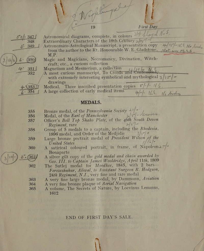    4) (4 / t se . i A 19 First Day S$ o/- 3 Astronomical diagrams, complete, in colours keg A= &gt; 348 Extraordinary Characters of the 19th Century - ABE OSS TE MARAE AS g* 349 Astronomico- Astrological Manuscript, a pre seritHuon copy ~ bf PAS ay Hs Wik from the author to the Rt. Honourable W. E. Gladstone, Met pecs we MSS M.P. Magic and Magicians, Necromancy, Divination, Witch- craft; etc., a curious collection Magnetism and Mesmerism, a collection, erent ae /A most curious manuscript, To Cresas-aniet 7 SA / with extremely interesting symbolical and mythological = /)5/ j- drawings eee i eaenernenmn 4- \353 Medical. Three inscribed presentation copies ed he NS   Z: 304 | A large collection of early medical items” ~ 4) 7c BK set Le Wn? Ng Avo MEDALS. ‘ 355 Bronze medal, of the Pennsylvania Se me if - 356 Medal, of the Earl of M anchester fein 357 Officer’s Bell Top Shako. Plate, of the sin South Dain Regiment, rare 358 Group of 5 medals to a captain, including the Rhodesia, 1896 medal, and Order of the Medjidie ¥/s-/ 2 359 Large bronze portrait medal of President Wilson of the United States TEAS bs / A satirical coloured portrait, in frame, of Napoleona ?/- Bonaparte A silver gilt copy of the gold medal and chain awarded by Geo. III. to Captain James Wooldridge, April 11th, 1809 The Sutlej medal for Moodkee, 1845, with 2 bars— Ferozeshuhur, Aliwal, to Assistant Surgeon R. Hodgson, 24th Regiment, N.I., very fine and rare medal  363 A very fine large bronze medal, by Dammann, Avtation 364 A very fine bronze plaque of Aerial N avigation 365 A volume, The Secrets of Nature, by Loevinus Lemmus, 1612 END OF, FIRST DAY'S SALE. \\ ia