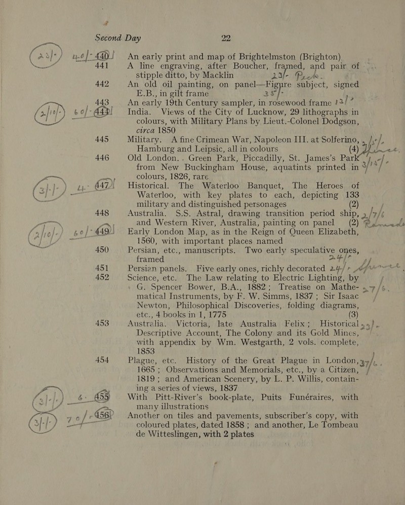 2? Second Day 22 S/*/ ye | = 440) | An early print and map of Brightelmston (Brighton). ot 44] A line engraving, after Boucher, framed, and pair of stipple ditto, by Macklin Nod ProA ke. 442 An old oil painting, on panel —Fig re subject, signed E.B., in gilt frame ey). 443 An early 19th Century sampler, in he frame a}? 4)! India. Views of the City of Lucknow, 29 lithographs in  ea colours, with Military Plans by Lieut.-Colonel Dodgson, circa 1850 445 Military. A fine Crimean War, Napoleon III. at kee R “L, Hamburg and Leipsic, all in colours (4) Ya a 446 Old London.. Green Park, Piccadilly, St. James’s Par from New Buckingham House, aquatints printed in » 3/ LY i a~ RR colours, 1826, rare fotde ) wp @474 Historical. The Waterloo Banquet, The Heroes of ( “i ae Waterloo, with key plates to each, depicting 133 aa military and distinguished personages (2) 448 Australia. $.S. Astral, drawing transition period ship, ag / I /, om and Western River, Australia, painting on panel (2) @glwecls ¢/* 4492) Early London Map, as in the Reign of Queen Elizabeth, iif Le 1560, with important places named ee 450 Persian, etc., manuscripts. Two early speculative ones, framed &gt; ue 451 Persian panels. Five early ones, richly decorated 2y-/ frsr—me® | 452 Science, etc. The Law relating to Electric Lighting, Re ij G. Spencer Bower, B.A., 1882; Treatise on Mathe- «7 /¢, matical Instruments, by F. W. Simms, 1837 ; Sir Isaac Newton, Philosophical Discoveries, folding diagrams, etc., 4 books in 1, 1775 (3) 453 Australia. Victoria, late Australia Felix; Historical Descriptive Account, The Colony and its Gold Mines, ~ with appendix by Wm. Westgarth, 2 vols. complete, 1853 454 Plague, etc. History of the Great Plague in London, 7: 1665 ; Observations and Memorials, etc., by a Citizen, 1819 ; and American Scenery, by L. P. Willis, contain- = Pe ing a series of views, 1837 fale.) 6: 4539 With Pitt-River’s book-plate, Puits Funéraires, with Ni adit 80 Vearrt = many illustrations erie Pee 56) Another on tiles and pavements, subscriber’s copy, with BAP can me coloured plates, dated 1858 ; and another, Le Tombeau