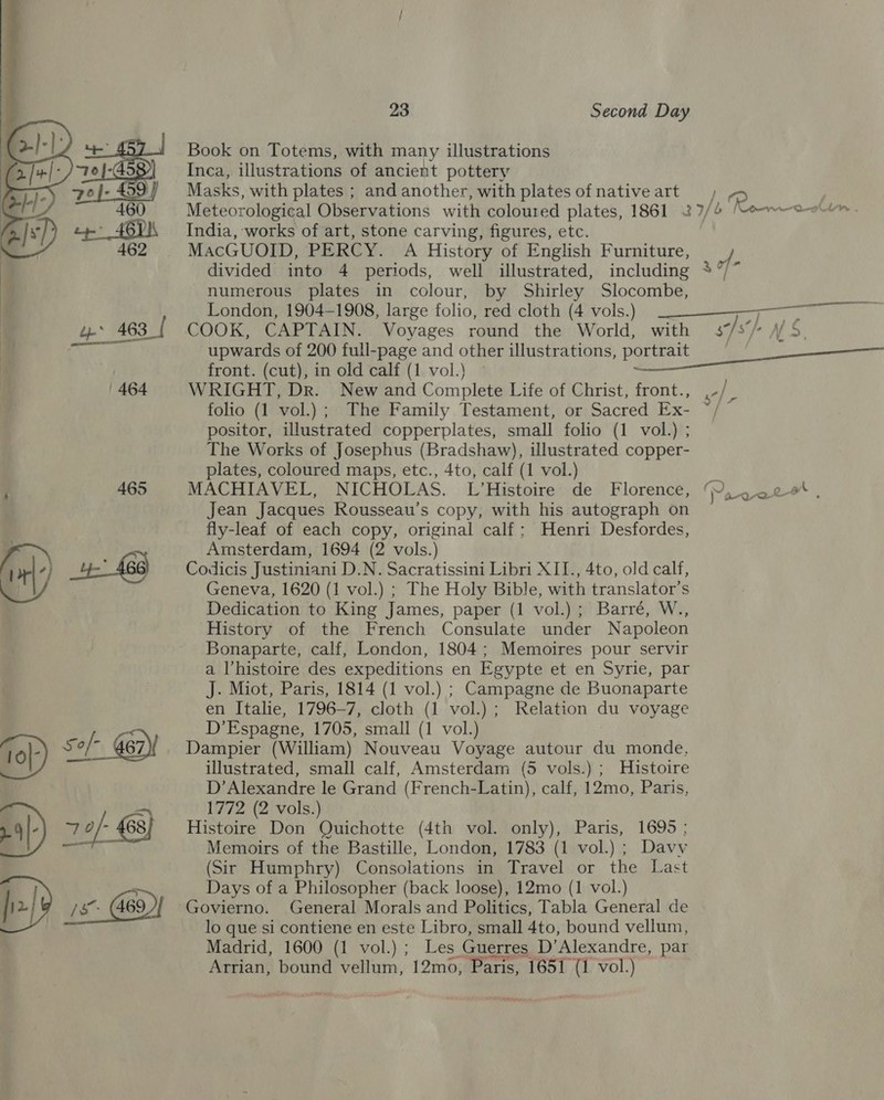 Book on Totems, with many illustrations Inca, illustrations of ancient pottery Masks, with plates ; and another, with plates ofnativeart | ~ Meteorological Observations with coloured plates, 1861 27/6 erat India, works of art, stone carving, figures, etc. MacGUOID, PERCY. A History of English Furniture, df divided into 4 periods, well illustrated, including *°/* numerous plates in colour, by Shirley Slocombe, | London, 1904-1908, large folio, red cloth (4 vols.) ~--__~_j={—- 4 463 [ COOK, CAPTAIN. Voyages round the World, with s/s/ \/ $ a upwards of 200 full-page and other illustrations, fa ee [ front. (cut), in old calf (1 vol.) | 464 WRIGHT, Dr. New and Complete Life of Christ, front., .-/ folio (1 vol.); The Family Testament, or Sacred Ex- “h positor, illustrated copperplates, small folio (1 vol.) ; The Works of Josephus (Bradshaw), illustrated copper- plates, coloured maps, etc., 4to, calf (1 vol.) | ; 465 MACHIAVEL, NICHOLAS. L’Histoire de Florence, ‘ Mewe eof , Jean Jacques Rousseau’s copy, with his autograph on fly-leaf of each copy, original calf; Henri Desfordes, i) Amsterdam, 1694 (2 vols.) ; vr|7 4: 466) Codicis Justiniani D.N. Sacratissini Libri XII., 4to, old calf, KY Geneva, 1620 (1 vol.) ; The Holy Bible, with translator’s Dedication to King James, paper (1 vol.) ; Barré, W., History of the French Consulate under Napoleon Bonaparte, calf, London, 1804; Memoires pour servir a l’histoire des expeditions en Egypte et en Syrie, par J. Miot, Paris, 1814 (1 vol.) ; Campagne de Buonaparte en Italie, 1796-7, cloth (1 vol.) ; Relation du voyage . D’Espagne, 1705, small (1 vol.) sof: 4 467)/ Dampier (William) Nouveau Voyage autour du monde, SR illustrated, small calf, Amsterdam (5 vols.) ; Histoire D’ Alexandre le Grand (French-Latin), calf, 12mo, Paris, &gt; 1772 (2 vols.) 4|- 74/- 468) Histoire Don Quichotte (4th vol. only), Paris, 1695 ; erase Memoirs of the Bastille, London, 1783 (1 vol.) ; Davy (Sit Humphry) Consolations in Travel or the Last =~ Days of a Philosopher (back loose), 12mo (1 vol.) [i&gt; 1s G6 Govierno. General Morals and Politics, Tabla General de lo que si contiene en este Libro, small 4to, bound vellum, Madrid, 1600 (1 vol.) ; Les Guerres D’Alexandre, par Arrian, bound vellum, 12mo, Paris, 1651 (1 vol.)  Oe  10|-