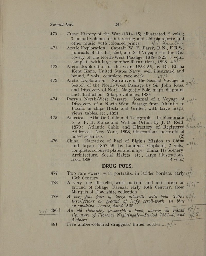 470. Times History of the War (1914-15), illustrated, 2 vols. ; 7 bound volumes of interesting and is, eae and other music, with coloured prints feat 471 Arctic Exploration. Captain W. E. pani R. N., FLRSZ Journals of the dst, 2nd, and 3rd Voyages for ‘the Dis- covery of the North-West Passage, 1819-1825, 5 vols., complete with large number illustrations, 1828 2°'F/* 472 Arctic Exploration in the years 1853-55, by Dr. Elisha Kent Kane, United States Navy, well illustrated and bound, 2 vols., complete, rare work 27/6. 473 Arctic Exploration. Narrative of the Second Voyage in __ /, Search of the North-West Passage by Sir John Ross, *// *” and Discovery of North Magnetic Pole, maps, diagrams and illustrations, 2 large volumes, 1835 474 Parry’s North-West Passage. Journal of a Voyage of , .4/- Discovery of a North-West Passage from Altantic to — Pacific in ships Hecla and Griffen, with large maps, views, tables, etc., 1821 ; 475 America. Atlantic Cable and Telegraph. In Memoriam ,-/;, to S. F. B. Morse and William Orton, by J. D. Reid, | 1879; Atlantic Cable and Directory of Registered 7m«ea - Addresses, New York, 1898, illustrations, portraits of noted scientists (2) 476 China. Narrative of Earl of Elgin’s Mission to China | and Japan, 1857-59, by Laurence Oliphant, 2 vols., complete, coloured plates and maps; China, Its Scenery, Architecture, Social Habits, etc., large illustrations, circa 1850 (3 vols.) DRUG POTS. 477 Two rare ewers, with portraits, in ladder borders, early 1?f- 16th Century 478 A very fine albarello, with portrait and inscription on 3} 4] ° ground of foliage, Faenza, early 16th Century, from | Marquis of Downshire collection 479 A very fine pair of large albarelli, with bold Gothic y/ Hf. inscriptions on ground of leafy scroll-work, im ble 4 | on smaltino, Venice, dated 1568 signature of Florence Nightingale—Period 1861-4, se $s 2 others Se eo 481 Five amber- coloured druggists’ fluted bottles 24-/