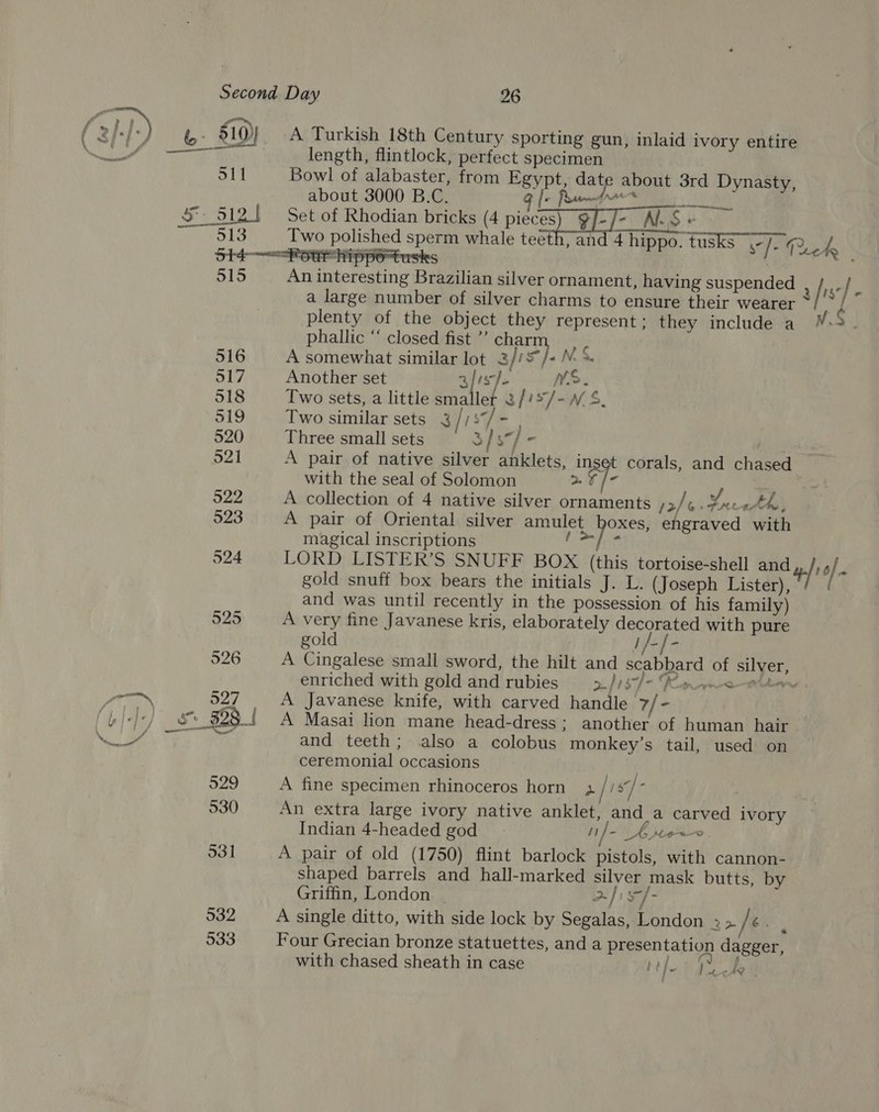  b- 510)| A Turkish 18th Century sporting gun, inlaid ivory entire marae oe length, flintlock, perfect specimen | S11 Bowl of alabaster, from Egypt, date about 3000 B.C. fo Pret 5. 512! Set of Rhodian bricks (4 pieces) ¢/-/ - AS e ~ 513 Two polished sperm whale teeth, and 4 hippo. tusks \- Es Sis An interesting Brazilian silver ornament, having suspended , /, sf. a large number of silver charms to ensure their wearer */'” / plenty of the object they represent : they include a ¥: phallic “ closed fist ”’ char about 3rd Dynasty, NAA  s 516 A somewhat similar lot 2 / is ]eNS&amp; 517 Another set Ay; W2&gt;. 518 Two sets, a little smaller 3/'*/- MW §, 519 Two similar sets 3 / s“/ - 520 Three small sets 3] OE fos : 521 A pair of native silver anklets, ng t corals, and chased with the seal of Solomon a Te 522 A collection of 4 native silver ornaments / aif &amp; 1 hi 523 A pair of Oriental silver amnlers oxes, engraved with magical inscriptions 524 LORD LISTER’S SNUFF BOX (this tortoise-shell and 4/10) gold snuff box bears the initials J. L. (Joseph Lister), and was until recently in the possession of his family) 525 A very fine Javanese kris, elaborately gare with pure gold I/- es 526 A Cingalese small sword, the hilt and scabbard of silver, enriched with gold and rubies —3./37/- Rn rwo-elterw oo—™ 527 A Javanese knife, with carved handle 7/- ‘de Se) aS. 528 | A Masai lion mane head-dress; another of human hair Nc ot Te 7 and teeth; also a colobus monkey’s tail, used on ceremonial occasions . 529 A fine specimen rhinoceros horn 3 / 89 5 530 An extra large ivory native anklet, and a carved ivory Indian 4-headed god u]- Aw 531 A pair of old (1750) flint barlock pistols, with cannon- shaped barrels and hall-marked silver mask butts, by Griffin, London ~ 2} 9, 532 A single ditto, with side lock by Segalas, London. &gt; / 6. 533 Four Grecian bronze statuettes, and a presentation dagger, with chased sheath in case hl Pea ee i