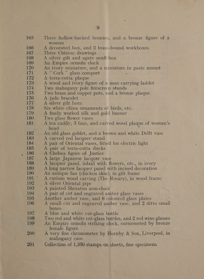 165 166 167 168 169 170 171 172 173 174 175 176 177 178 179 180 181 182 183 184 185 186 187 188 189 190 192 193 194 195 196 mE Y 198 199 200 201 9 Three hollow-backed bronzes, and a bronze figure of a woilnan A decorated box, and 2 brass-bound workboxes Three Chinese drawings A silver gilt and agate snuff-box An Empire ormolu clock An ivory miniature, and a miniature in paste mount A “ Cork” glass comport . A terra-cotta plaque A wood and ivory figure of a man carrying ladder Two mahogany pole firescreen stands Two brass and copper pots, and a bronze plaque A jade bracelet A silver gilt horn Six white china ornaments of birds, etc. A finely worked silk and gold banner Two glass flower vases A tea caddy, 3 fans, and carved wood plaque of woman’s head f An old glass goblet, and a brown and white Delft vase A carved red lacquer stand A pair of Oriental vases, fitted for electric light A pair of terra-cotta ducks A Chelsea figure of Justice A large Japanese lacquer vase A lacquer panel, inlaid with flowers, etc., in ivory A long narrow lacquer panel with incised decoration An antique fan (chicken skin), in gilt frame A curious wood carving (The Rosary), in wood frame A silver Oriental pipe A painted Sheraton arm-chair A pair of cut and engraved amber glass vases Another amber vase, and 6 coloured glass plates A small cut and engraved amber vase, and 2 ditto small boxes A blue and white cut-glass bottle Two red and white cut-glass bottles, and 2 red wine glasses An Empire ormolu striking clock, surmounted by bronze female figure | A very fine chronometer by Hornby &amp; Son, Liverpool, in mahogany case Collection of 1,350 stamps on sheets, fine specimens