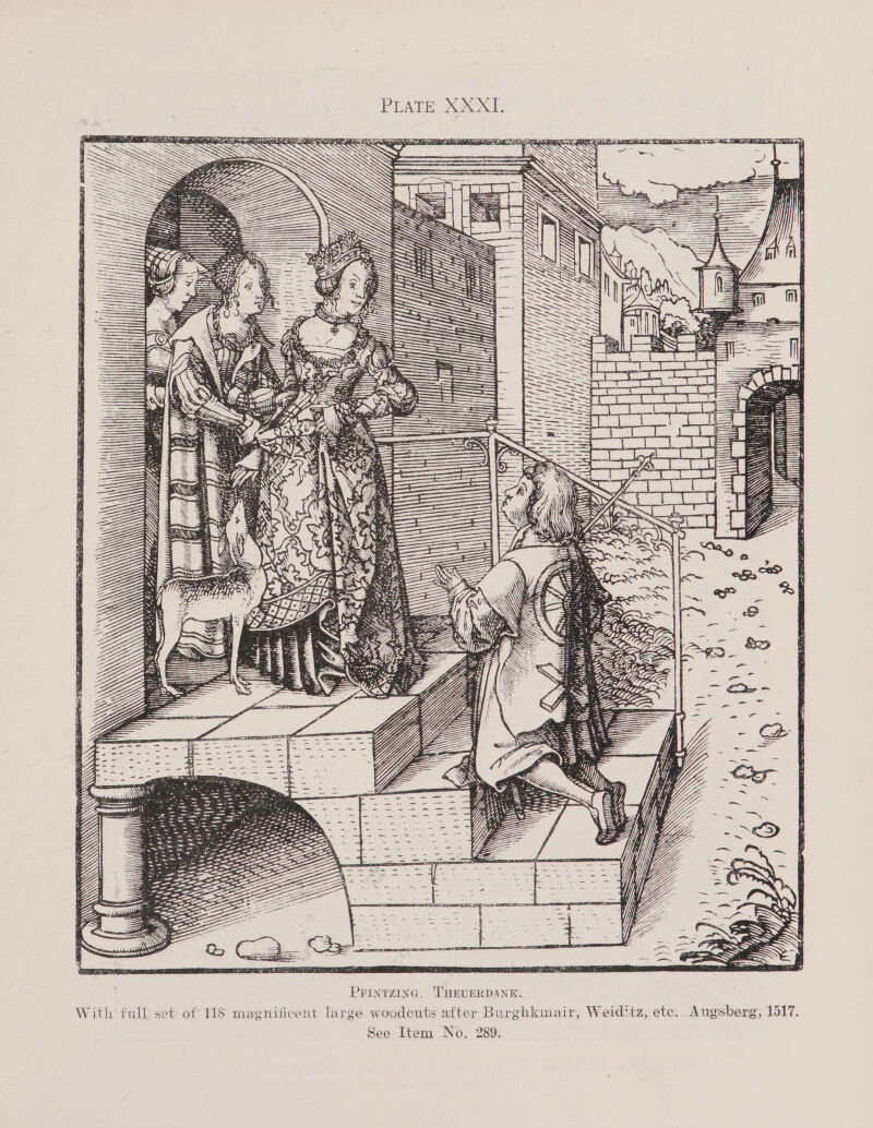 PLATE XSOX TF.   ; K f (da t i I 4 fi ee — } — alt : >. i (NS aearey A] UU Hi ily) enn a i if Dy] We ih H ty ———7 h | Z 53 Rey 2 Wlldlldlonnatie  G. THEUERDANE: FINTZIN P With full set of 118 magnificent large woodcuts after Burghkmair, Weid:tz, etc. Augsberg, 1517.
