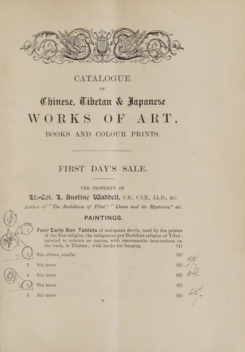    FIRS! DAY'S SALE. THE PROPERTY OF Lt.-Col. DZ. Hustine Waddell, 6B, CLE, LLD., &amp;. Author of “ The Buddhism of Tibet,” “ Lhasa and its Mysteries,” ete. ae | (Wp) PAINTINGS. — rT 3 \ ; : 3 K. £.\ ly Four Early Bon Tablets of malignant devils, used by the priests AW yi of the Bon religion, the indigenous pre-Buddhist religion of Tibet ; i ‘ XU Ne painted in colours on canvas, with necromantic instructions on X A &gt;. the back, in Tibetan ; with hooks for hanging (4) 2A Six others, similar (6) 3 Six more e Oot Ce ( wN 4 - Six more ee (6)  54 Six more — 3 ) | (6)