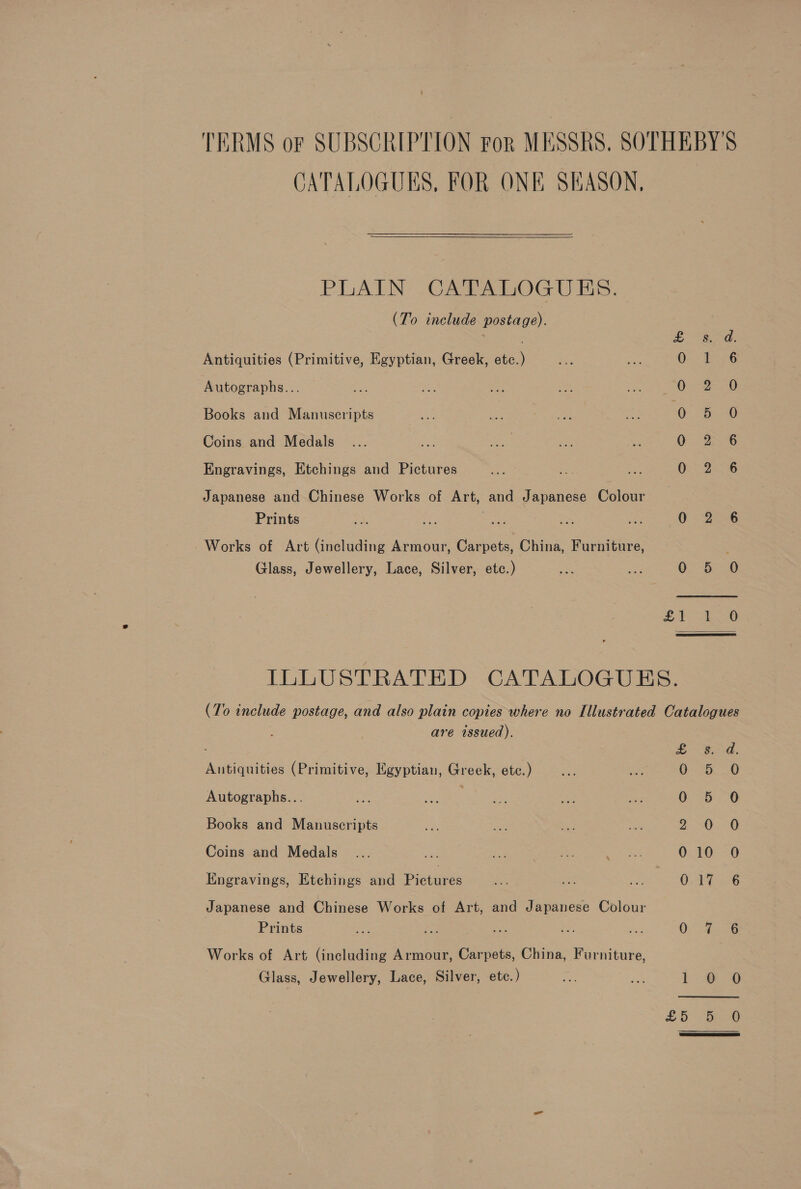 CATALOGUES, FOR ONE SEASON, PLAIN CATALOGUES. (To include postage). Antiquities (Primitive, Egyptian, Greek, etc.) Autographs... Books and Manuscripts Coins and Medals oa Engravings, Etchings and Pictures Japanese and Chinese Works of Art, and Japanese Colour Prints ae ae rs Works of Art (including Armour, Carpets, China, Furniture, Glass, Jewellery, Lace, Silver, etc.) £ s. d. (Si ‘Ag eee Or Be 0. 8x 0. 2o56 0 2-26 Oo - Se =D are issued). Antiquities (Primitive, Egyptian, Greek, etc.) Autographs... . Books and Manuscripts Coins and Medals Engravings, Etchings and Piosates Japanese and Chinese Works of Art, and Japanese Colour Prints 3 is der, Works of Art (including Armour, Carpets, China, Furniture, Glass, Jewellery, Lace, Silver, etc.) EA pee A 0 5 0 eS «eae 2 OD 0. 10-0 0,4 ii26 0. ere lb - 30