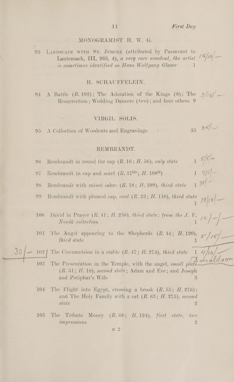 MONOGRAMIS®T H. W. G. 93 LANDSCAPE WITH St. JEROME (attributed by Passavant to Lautensack, III, 263, 4), a very rare woodcut, the artist is sometimes identified as Hans Wolfgang Glaser 1 / S/o 2 H. SCHAUFFELEIN. 94 A Battle (B.102); The Adoration of the Kings (8); The »/ Resurrection ; Wedding Dancers (fio); and four others 9 VIRGIL SOLIS. 95 <A Collection of Woodeuts and Engravings , gn 3 a] REMBRANDT. 96 Rembrandt in round tur cap (4. 16 : H. 56), only state 1 Ms 97 Rembrandt in cap and scarf (#. 17); A. 108!) 4 ifs| b 95 Rembrandt with raised sabre (&amp;.18; H.109), third state 1 38 Pp 99 Rembrandt with plumed cap, oval (h. 23; H.110), third siate o|eo ee af 100 David in Prayer (2. 41; A. 258), third state; from the J. V. Novak collection | 1 101 ‘ihe Angel appearing to the Shepherds (R. 44; H.120), .W /,,o/ third state i / 1 ase foo cw 1 Y/o/— 30 | — 102 Z The Circumcision in a stable (2. 47; H. 274), third state /. ~ : tintin ? A f chy ake 4 Aor i ee 103. The Presentation in the Temple, with the angel, small pla ese (hk. 51; H. 18), second state; Adam and Eve; and Joseph and Potiphar’s Wife 3  104 The Fhght into Egypt, crossing a brook (8.55; H. 276); and ‘he Holy Family with a cat (Af. 63; H. 275), secone state 2 105 The Tribute Money (&amp;. 68%- 4.124), first state, two MPF eSsiOns 2 Bo 2