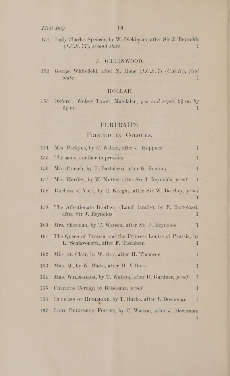 153 166 167 (J.C.S. 77), second state 1 J. GREENWOOD. reorge Whitefield, after N. Hone (J.C.S.7) (C.£.R.), forst state 1 HOLLAR. Oxford: Wolsey Tower, Magdalen, pen and sepia, 92 in. by 62 iM. 1 PORTRAITS. PRINTED iN COLOURS. Mrs. Parkyns, by C. Wilkin, after J. Hoppner hi The same, another impression i Mrs. Crouch, by I’. Bartolozzi, after G. Romney i! Mrs. Hartley, by W. Nutter, after Sir J. Reynolds, proof 1 Duchess of York, by C. Knight, after Sir W. Beechey, prooj 1 The Affectionate Brothers (Lamb family), by F. Bartolozzi, after Sir J. Reynolds 1 Mrs. Sheridan, by T. Watson, after Sir J. Reynolds i! The Queen of Prussia and the Princess Louise of Prussia, by L. Schiavonetti, after F. Tischbein I Miss St. Clair, by W. Say, after H. Thomson 1 Mrs. Q., by W. Blake, after H. Villiers 1 Mrs. Wirpranam, by T. Watson, after D. Gardner, proof 2 Charlotte Corday, by Brisceaux, proof 1 DucHeEss or RicHMonp, by T. Burke, after J. Downman = 1 - | Lapy HE.izaBetH Foster, by C. Watson, after J. Downman 1