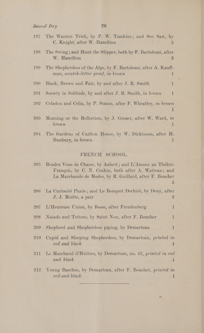 LOW L198 oo — CO) The Wanton Trick; by P. W. Tomkins; and See Saw, by C. Knight, after W. Hamilton 2 The Swing; and Hunt the Slipper, both by F. Bartolozzi, after W. Hamilton 2 The Shepherdess of the Alps, by F. Bartolozzi, after A. Kauff- man, scratch-letter proof, in brown 1 Black, Brown and Fair, by and after J. R. Smith iL Society in Solitude, by and after J. R. Smith, in brown i Celadon and Celia, by P. Simon, after F. Wheatley, in brown : Morning or the Reflection, by J. Grozer, after W. Ward, im brown 1 The Gardens of Carlton House, by W. Dickinson, after H. Bunbury, on brown 1 FRENCH SCHOOL. Rendez Vous de Chasse, by Aubert; and L’Amour au Théatre Francois, by C. N. Cochin, both after A. Watteau; and La Marchande de Modes, by R. Guillard, after F. Boucher 3 La Curiosité Punie; and Le Bouquet Dechiré, by Deny, after J.J. Moitte, a pair 2 L’Heureuse Union, by Bosse, after Freudenberg 1 Naiads and Tritons, by Saint Non, after F. eee di Shepherd and Shepherdess piping, by Demarteau 1 Cupid and Sleeping Shepherdess, by Demarteau, printed in red and black 1 Le Marchand d‘Huitres, by Demarteau, no. 45, printed in red and black in Young Bacchus, by Demarteau, after I’. Boucher, printed in red and black 1