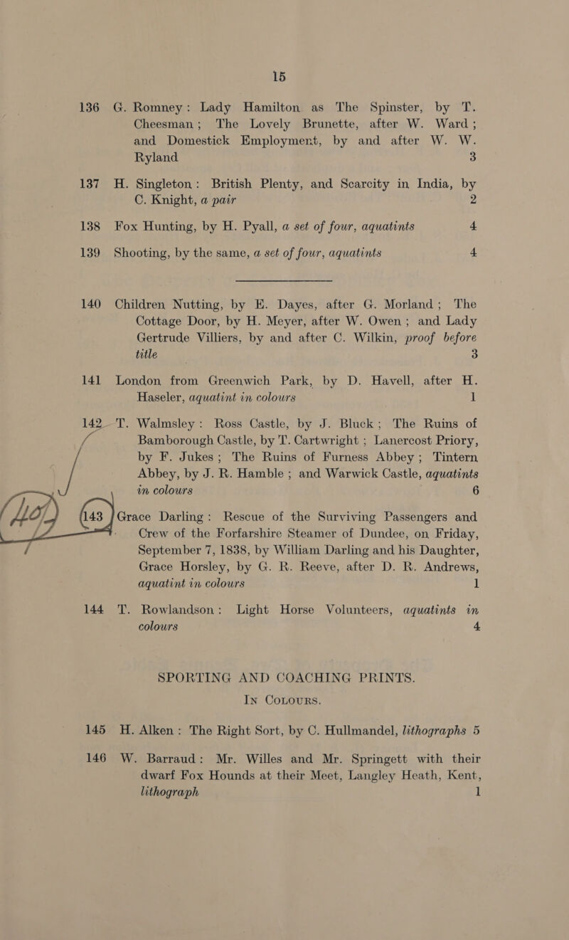  136 G. Romney: Lady Hamilton as The Spinster, by T. Cheesman; The Lovely Brunette, after W. Ward ; and Domestick Employment, by and after W. W. Ryland 3 137 H. Singleton: British Plenty, and Scarcity in India, by 138 Fox Hunting, by H. Pyall, a set of four, aquatints 4 139 Shooting, by the same, a set of four, aquatints 4 140 Children Nutting, by E. Dayes, after G. Morland; The Cottage Door, by H. Meyer, after W. Owen; and Lady Gertrude Villiers, by and after C. Wilkin, proof before title 3 141 London from Greenwich Park, by D. Havell, after H. Haseler, aquatint in colours 1 142. T. Walmsley: Ross Castle, by J. Bluck; The Ruins of re Bamborough Castle, by T. Cartwright ; Lanercost Priory, by F. Jukes; The Ruins of Furness Abbey ; Tintern Abbey, by J. R. Hamble ; and Warwick Castle, aquatints im colours 6 Grace Darling: Rescue of the Surviving Passengers and Crew of the Forfarshire Steamer of Dundee, on Friday, September 7, 1838, by William Darling and his Daughter, Grace Horsley, by G. R. Reeve, after D. R. Andrews, aquatint in colours 1 144 T. Rowlandson: Light Horse Volunteers, aquatints in colours 4 SPORTING AND COACHING PRINTS. In CoLouRs. 145 H. Alken: The Right Sort, by C. Hullmandel, lithographs 5 146 W. Barraud: Mr. Willes and Mr. Springett with their dwarf Fox Hounds at their Meet, Langley Heath, Kent, lithograph 1