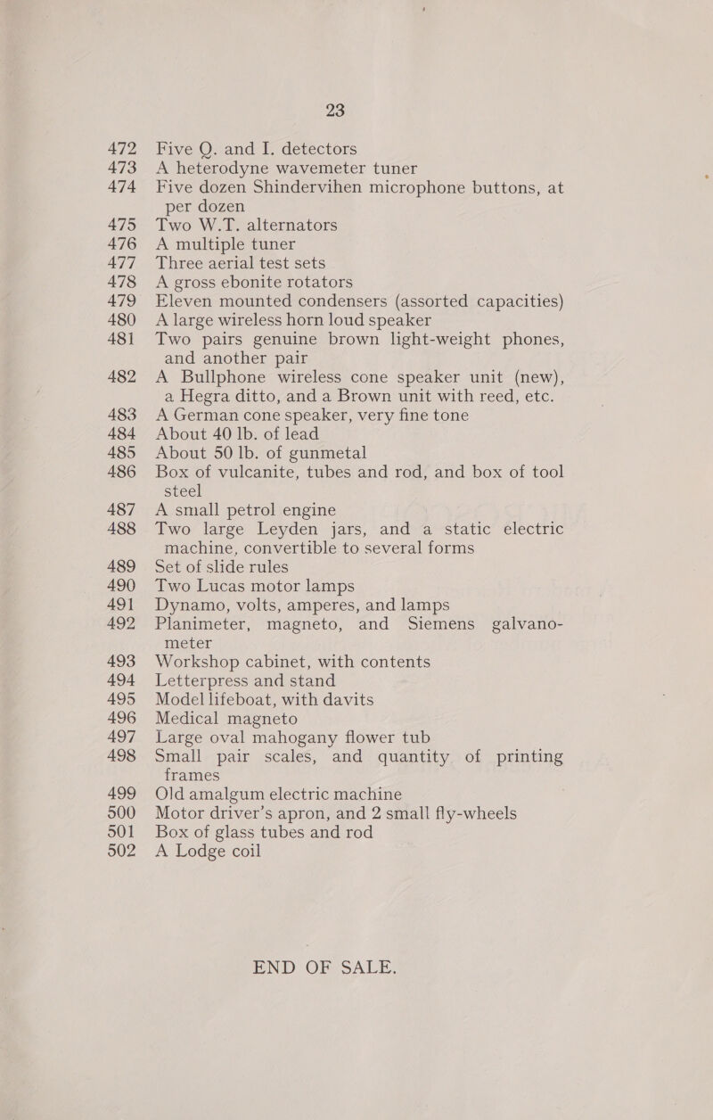 472 473 474 475 476 477 478 479 480 48] 482 483 484 485 486 487 488 489 490 491 492 493 494 495 496 497 498 499 900 501 502 23 Five Q. and I. detectors A heterodyne wavemeter tuner Five dozen Shindervihen microphone buttons, at per dozen Two W.T. alternators A multiple tuner Three aerial test sets A gross ebonite rotators Eleven mounted condensers (assorted capacities) A large wireless horn loud speaker Two pairs genuine brown light-weight phones, and another pair A Bullphone wireless cone speaker unit (new), a Hegra ditto, and a Brown unit with reed, etc. A German cone speaker, very fine tone About 40 Ib. of lead About 50 lb. of gunmetal Box of vulcanite, tubes and rod, and box of tool steel A small petrol engine Pwo large Leyden jars, and-a-static electric machine, convertible to several forms Set of slide rules Two Lucas motor lamps Dynamo, volts, amperes, and lamps Planimeter, magneto, and Siemens galvano- meter Workshop cabinet, with contents Letterpress and stand Model lifeboat, with davits Medical magneto Large oval mahogany flower tub Small pair scales, and quantity of printing frames Old amalgum electric machine Motor driver’s apron, and 2 small fly-wheels Box of glass tubes and rod A Lodge coil PND OF sSALE.
