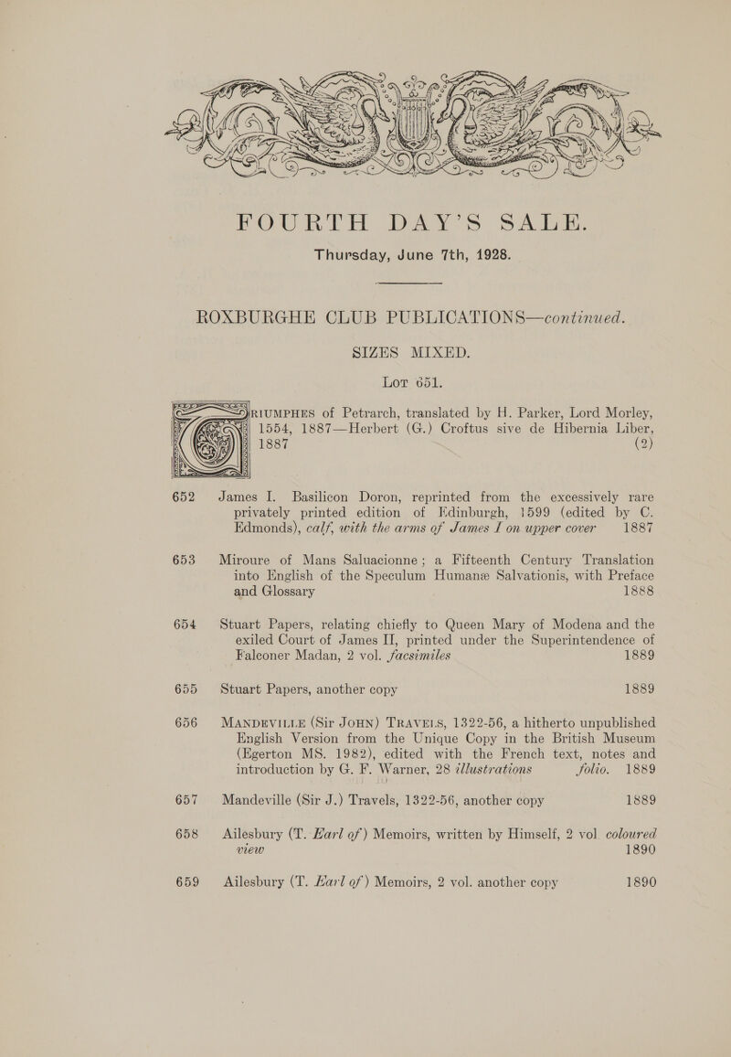  SIZES MIXED. Lot 651.   655 658 659 1554, 1887—Herbert (G.) Croftus sive de Hibernia Liber, 1887 | (2) _ James I. Basilicon Doron, reprinted from the excessively rare privately printed edition of Edinburgh, 1599 (edited by C. Edmonds), calf, with the arms of James I on upper cover 1887 Miroure of Mans Saluacionne; a Fifteenth Century Translation into Hnglish of the Speculum Humane Salvationis, with Preface and Glossary 1888 Stuart Papers, relating chiefly to Queen Mary of Modena and the exiled Court of James II, printed under the Superintendence of Faleoner Madan, 2 vol. facsimiles 1889 Stuart Papers, another copy 1889 MANDEVILLE (Sir JoHN) TRAVELS, 1322-56, a hitherto unpublished English Version from the Unique Copy in the British Museum (Egerton MS. 1982), edited with the French text, notes and introduction by G. F. Warner, 28 cllustrations folio. 1889 Mandeville (Sir J.) Travels, 1322-56, another copy 1889 Ailesbury (T. Karl of) Memoirs, written by Himself, 2 vol. coloured view 1890 Ailesbury (T. Harl of) Memoirs, 2 vol. another copy 1890