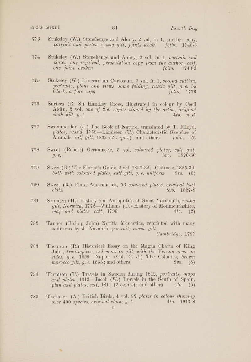 773 776 Pua, 778 (Oe 780 (een 182 183 784. 185 Stukeley (W.) Stonehenge and Abury, 2 vol. in 1, another copy, portrait and plates, russia gilt, joints weak folio. 1740-3 Stukeley (W.) Stonehenge and Abury, 2 vol. in 1, portrait and plates, one repaired, presentation copy from the author, calf, one joint broken folio. 1740-8 Stukeley (W.) Itinerarium Curiosum, 2 vol. in 1, second edition, portraits, plans and views, some folding, russia gilt, g.e. by Clark, a fine copy folio. 1776 Surtees (R. 8.) Handley Cross, illustrated in colour by Cecil Aldin, 2 vol. one of 250 copies signed by the artist, original cloth gtlt,9. 4. Ato. n.d. Swammerdan (J.) The Book of Nature, translated by T. Flloyd, plates, russia, 1758—Landseer (T.) Characteristic Sketches of Animals, calf gilt, 1832 (2 copies); and others foo. (5) Sweet (Robert) Geraniacee, 5 vol. coloured plates, calf gilt, Gites 8v0. 1820-30 Sweet (R.) The Florist’s Guide, 2 vol. 1827-32—Cistinex, 1825-30, both with coloured plates, calf gilt, g.e. uniform 8vo. (3) Sweet (R.) Flora Australasica, 56 coloured plates, original half cloth 8v0. 1827-8 Swinden (H.) History and Antiquities of Great Yarmouth, russia gut, Norwich, 1772—Williams (D.) History of Monmouthshire, map and plates, calf, 1796 Ato. (2) Tanner (Bishop John) Notitia Monastica, reprinted with many additions by J. Nasmith, portrait, russia gilt Cambridge, 1787 Thomson (R.) Historical Essay on the Magna Charta of King John, frontispiece, red morocco gilt, with the Vernon arms on sides, g.e. 1829—Napier (Col. C. J.) The Colonies, brown morocco gilt, g. e€. 1833; and others 8vo. (8) Thomson (T.) Travels in Sweden during 1812, portraits, maps and plates, 18183—Jacob (W.) Travels in the South of Spain, plan and plates, calf, 1811 (2 copies); and others Ato. (5) Thorburn (A.) British Birds, 4 vol. 82 plates m colour showing over 400 species, original cloth, g. t. Ato. 1917-8 G