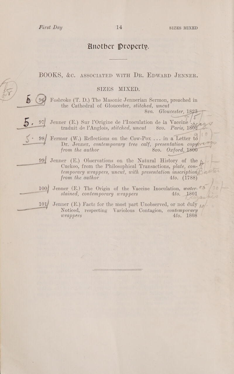 Bnotber Property. BOOKS, &amp;c. ASSOCIATED WITH Dr. EDWARD JENNER. SIZES MIXED. 5. (a) Fosbroke (T. D.) The Masonic Jennerian Sermon, preached in el the Cathedral of Gloucester, stitched, uncut — 8vo. Gloucester, ee ee | 5 : 97] Jenner (H.) Sur l’Origine de l’Inoculation de la Vaccine ao gs iS aa traduit de ’Anglois, stitched, uncut 8v0. ‘Paris, 1802 <- neem ~ f eae A i j « + 98/ Fermor (W.) Reflections on the Cow-Pox ... in a Letter to) / en Dr. Jenner, contemporary tree calf, presentation copyyvt 7 ~ from the author 8v0. Oxford, 1800 os ee 99 Jenner (H.) Observations on the Natural History of the pp es Cuckoo, from the Philosophical Transactions, plate, con-*/ | temporary wrappers, ‘uncut, with presentation inscription) 2a from the author 4to. (1788) 100} Jenner (E.) The Origin of the Vaccine Inoculation, water- cs a stained, contemporary wrappers Ato. 1801 merase Loy Jenner (H.) Facts for the most part Unobserved, or not duly ,,/ ee Noticed, respecting Variolous Contagion, contemporary wrap pers 4to. 1808  