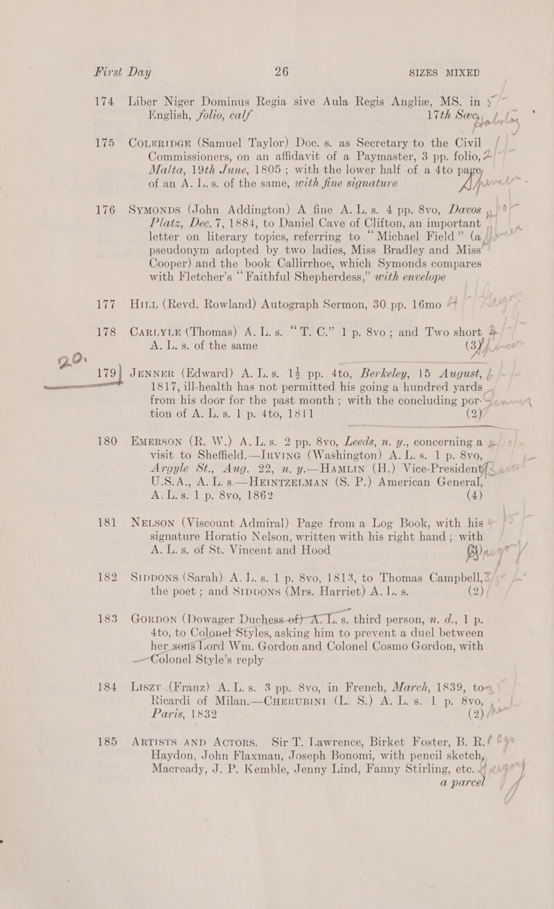 ld ‘ 174 Li 176 Lie, ie 180 181 184 185 Liber Niger Dominus Regia sive Aula Regis Angliz, MS. in 5 Knglish, folio, calf 17th Sac, ff Couterimpar (Samuel Taylor) Doc. s. as Secretary to the Civil Commissioners, on an affidavit of a Paymaster, 3 pp. folio, “ Malta, 19th June, 1805 ; with the lower half of a 4to page of an A. J..s. of the same, with fine signature A, Wyk) Symonps (John Addington) A fine A. Ls. 4 pp. 8vo, Davos 10 ~ Platz, Dec.'7, 1884, to Daniel Cave of Clifton, an important .. letter on literary topes referring to AM iehaal Field” (a/f / pseudonym adopted by two ladies, Miss Bradley and Miss’ Cooper) and the book Callirrhoe, rindi Symonds compares with Fletcher’s “Faithful Shepherdess,” with envelope Hii (Revd. Rowland) Autograph Sermon, 30 pp. 16mo “ CARLYLE (Thomas) A. Li. s.- TiC.” lp..8vo ; and Two short 4. A. L. s. of the same | (3Y/ JENNER (Edward) A.L.s. 14 pp. 4to, Berkeley, 15 August, / 1817, ill-health has not permitted his going a hundred yards from his door for the past month ; with the concluding por-™ tiom OleAWl Ss, JOpM4 tom Gal (2) Emerson (R. W.) A.L.s. 2 pp. 8vo, Leeds, n. y., concerning a je visit to Sheffield.—Invina (Washington) A. L.s. 1 p. 8vo, _ Argyle St., Aug. 22, n. y.—Hamuin (H.) Vice-President/- U.S.A., A. L. s—HEINTZELMAN (8. P.) American General, Av ive 1p. Sv0l86 oS _ (4) NeELSon (Viscount Admiral) Page from a Log Book, with his signature Horatio Nelson, written with his right hand; with '§. A. Les. of St. Vincent and Hood Bx YT Stppons (Sarah) A. I. s. 1 p. 8vo, 1813, to Thomas Campbell,: the poet; and S1ppoNs (Mrs. Harriet) A. L. s. (o) Gorpon (Dowager Duchess-of)-A. L. s. third person, n. d., 1 p. 4to, to Colonel’Styles, asking him to prevent a duel between her_sons Lord Wm. Gordon and Colonel Cosmo Gordon, with —Colonel Style’s reply Liszt (Franz) A.L.s. 3 pp. 8vo, in French, March, 1839, to- Ricardi of Milan.—Cuervusini (L. 8.) A. Les. 1 p. 8vo, ,* Paris, 1832 (2) 9~ Artists AND Actors. Sir T. Lawrence, Birket Foster, B. R.f °% Haydon, John Flaxman, Joseph Bonomi, with pencil sketch, Macready, J. P. Kemble, Jenny Lind, Fanny Stirling, etc. 2) “4 a parcel