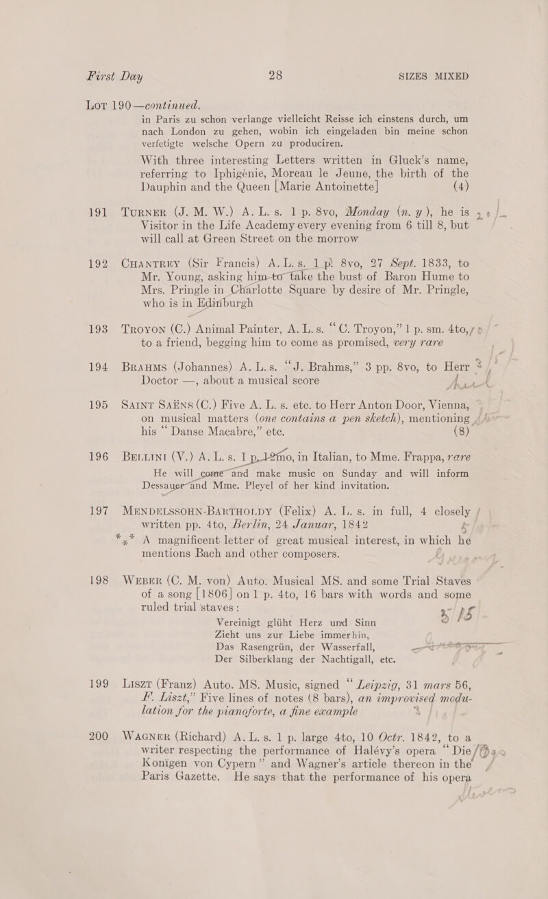 Lor 190—continued. in Paris zu schon verlange vielleicht Reisse ich einstens durch, um nach London zu gehen, wobin ich eingeladen bin meine schon verfetigte welsche Opern zu produciren. With three interesting Letters written in Gluck’s name, referring to Iphigénie, Moreau le Jeune, the birth of the Dauphin and the Queen [Marie Antoinette] (4) Visitor in the Life Academy every evening from 6 till 8, but will call at Green Street on the morrow 192 Cuantruy (Sir Francis) A.L.s. 1 ps 8vo, 27 Sept. 1833, to Mr. Young, asking him-to take the bust of Baron awe to Mrs. Pringle in Charlotte Square by desire of Mr. Pringle, who is ng LOSE to a friend, begging him to come as promised, very rare Doctor —, about a musical score 195 Saint Sakns(C.) Five A. L. s. etc. to Herr Anton Door, Vienna, his “’ Danse Macabre,” ete. (8) 196 BELLINI . ane Ls: pple in fae to Mme. pores rare Dessayer” and Mme. Pleyel of her kind invitation. written pp. 4to, Berlin, 24 Januar, 184% keto yx A magnificent letter of great musical interest, in aint hé mentions Bach and other composers. . 198 Wersper (C. M. von) Auto. Musical MS. and some Trial Staves of a song [1806] on 1 p. 4to, 16 bars with words and some ruled trial staves : MELE rae ae . 5 15 Vereinigt gliht Herz und Sinn ~ Zieht uns zur Liebe immerhin, Das Rasengrtin, der Wasserfall, eo ear Der Silberklang der Nachtigall, etc. 199 Liszr (Franz) Auto. MS. Music, signed * Leipzig, 31 mars 56, I. Liszt,” Five lines of notes (8 bars), an impr ovised mege lation for the pianoforte, a fine example S 200 WaGner (Richard) A.L.s. 1 p. large 4to, 10 Octr. 1842, to a Konigen von Cypern” and Wagner’s article thereon in the Paris Gazette. He says that the performance of his opera