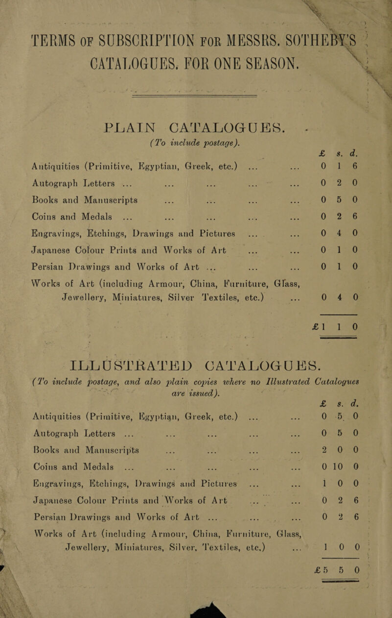   (T'o include postage). £ Sana: Antiquities (Primitive, Egyptian, Greek, etc.) 0 &lt;haee Autograph Letters 0 aan Books and Manuseripts 0” Saae Coins and Medals 0. 2256 Engravings, Etchings, Drawings and Pictures 0.. 4a50 Japanese Colour Prints and Works of Art 0-. ToeG Persian Drawings and Works of Art ... 0 Le Works of Art (including Armour, China, Furniture, Glass, Jewellery, Miniatures, Silver Textiles, ete.) 0: 4.26 fi ie ILLUSTRATED CATALOGUES. (T'o include postage, and also plain copies where no Illustrated Catalogues ‘Bane are issued ). ) , ’ , ? y  £: 8 Oe Antiquities (Primitive, Hgyptian, Greek, ete.) ... nat 0 br.0 Autograph Letters On bag Books and Manuscripts Foe) Coins and Medals | 010 0 Engravings, Etchings, Drawings and Pictures | ait ee i Persian Drawings and Works of Art 0 2 eG Works of Art (ineluding Armour, China, Furniture, Glass, : Jewellery, Miniatures, Silver, Textiles, ete.) 6 Ly 0826 : LO 5  «, se aed 3 A hde Te