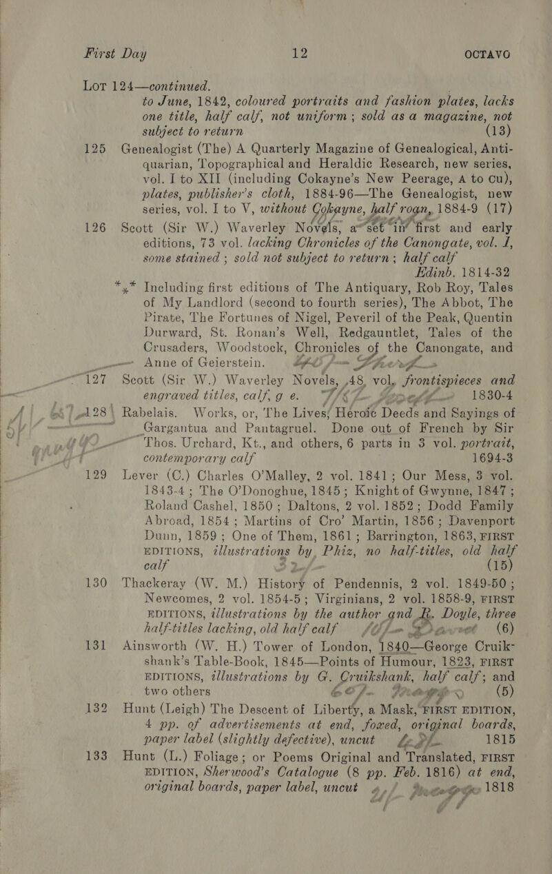  Lot 124—continued. ; to June, 1842, coloured portraits and fashion plates, lacks one title, half calf, not uniform; sold asa magazine, not subject to return (13) 125 Genealogist (The) A Quarterly Magazine of Genealogical, Anti- quarian, Topographical and Heraldic Research, new series, vol. I to XII (including Cokayne’s New Peerage, A to Cu), plates, publisher’s cloth, 1884-96—The Genealogist, new 126 Seott (Sir W.) Waverley wis anset OF First and early. editions, 73 vol. lacking Chronicles of the Canongate, vol. J, some stained ; sold not subject to return; half calf Edinb. 1814-32 *,* Ineluding first editions of The Antiquary, Rob Roy, Tales of My Landlord (second to fourth series), The Abbot, The Pirate, The Fortunes of Nigel, Peveril of the Peak, Quentin Durward, St. Ronan’s Well, Redgauntlet, Tales of the Crusaders, Woodstock, Chronicles oUay the ooh, and Anne of Geierstein. Loge O pom Lhe wi a engraved titles, calf,g e. “F/% i Cl fon » 1830-4 _Gargantua aa Pauteemel Done out of French by Sir Thos. Urchard, Kt., and others, 6 parts in 3 vol. portrait, contemporary calf 1694-3 1843-4; The O’Donoghue, 1845 ; Knisne of Gwynne, 1847; Roland Cashel, 1850 ; Haltane: 9 vol. 1852; Dodd Family Abroad, 1854 ; Martine of Cro’ Martin, 1856 ; Davenport Dunn, 1859 ; One of Them, 1861 ; Birney 1863, FIRST EDITIONS, illustrations _by Pies no half-titles, ola half calf (15) 130 Thackeray (W. M.) Hiatort of Pendennis, 2 vol. 1849-50; Newcomes, 2 vol. 1854-5; Virginians, 2 vol. 1858-9, FIRST EDITIONS, illustrations by the author gnd Le Dose. three haif-titles lacking, old halfealf f@fuem ‘eeueet (6) 131 Ainsworth (W. H.) Tower of London, {840—George Cruik- shank’s Table-Book, 1845—Points of Humour, 1823, FIRST EDITIONS, tllustrations by G. pe eehahiah. hale calf and two Geuers fe &amp; fo fit ve (5) 132 Hunt (Leigh) The Descent of Liberty, a Mask, FIRST EDITION, 4 pp. of advertisements at end, fowxed, original hoards. paper label (slightly defective), uncut hg A 1815 133 Hunt (L.) Foliage; or Poems Original and Translated, FIRST EDITION, Sherwood’s Catalogue (8 pp. Feb. 1816) at end, original boards, paper label, uncut 4, / Loops 1818 fA 4 : ff é &amp; 
