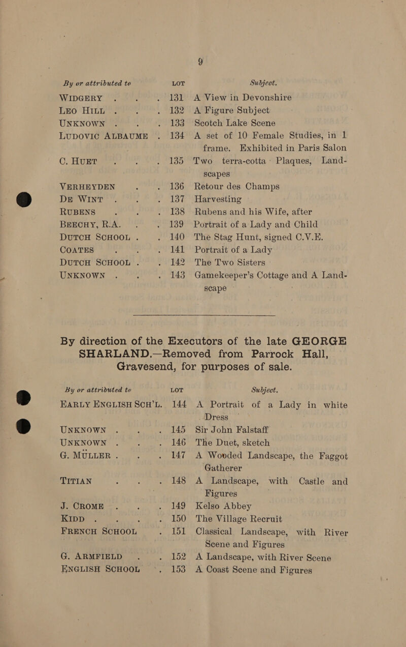 WIDGERY LEO HILL UNKNOWN LUDOVIC ALBAUME C, HUET VERHEYDEN DE WINT RUBENS BEECHY, R.A. DUTCH SCHOOL . COATES DUTCH SCHOOL . UNKNOWN A View in Devonshire A Figure Subject Scotch Lake Scene A set of 10 Female Studies, in 1 frame. Exhibited in Paris Salon Two terra-cotta Plaques, Land- scapes Retour des Champs Harvesting Rubens and his Wife, after Portrait of a Lady and Child The Stag Hunt, signed C.V.E. Portrait of a Lady The Two Sisters Gamekeeper’s Cottage and A Land- scape By or attributed to UNKNOWN UNKNOWN G. MULLER . TITIAN J. CROME KIDD FRENCH SCHOOL G. ARMFIELD ENGLISH SCHOOL ° LOT 144 145 146 147 148 149 150 151 152 153 Subject. A Portrait of a Lady in white . Dress — Sir John Falstaff The Duet, sketch A Wovded Landscape, the Faggot Gatherer } A Landscape, with Castle and Figures Kelso Abbey The Village Recruit Classical Landscape, with River Scene and Figures A Landscape, with River Scene A Coast Scene and Figures