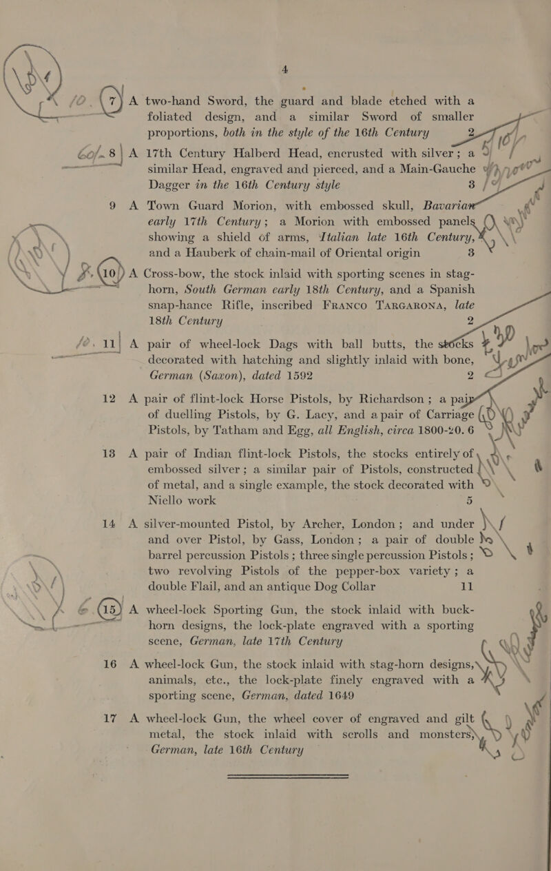  i {4 28, A two-hand Sword, the Giatd and blade etched with a foliated design, and a_ similar Sword of smaller proportions, both in the style of the 16th Century Lo/.8\ A 17th Century Halberd Head, encrusted with silver; a 4 f 4 aoe similar Head, engraved and pierced, and a Main-Gauche 9)» 9 Dagger in the 16th Century style o   9 A Town Guard Morion, with embossed skull, Bavaria wm 7 early 17th Century; a Morion with embossed panel Wy ee ees showing a shield of arms, Jtalian late 16th Century, ¥ ,\ \ [AN and a Hauberk of chain-mail of Oriental origin 3 Q | IB 10 oy) A Cross-bow, the stock inlaid with sporting scenes in stag- NOW 7 horn, South German early 18th Century, and a Spanish     snap-hance Rifle, inscribed Franco Tarcarona, late 18th Century fo. 111 A pair of wheel-lock Dags with ball butts, the ‘ decorated with hatching and slightly inlaid with bone, * VU German (Saxon), dated 1592 2 €3 12 A pair of flint-lock Horse Pistols, by Richardson ; a pai of duelling Pistols, by G. Lacy, and a pair of Carriage Pistols, by Tatham and Egg, all English, circa 1800-20. 6 13 A pair of Indian flint-lock Pistols, the stocks entirely of y\! embossed silver; a similar pair of Pistols, constructed | RX MI of metal, and a single example, the stock decorated with \ Niello work 5 14 &lt;A silver-mounted Pistol, by Archer, London; and under \ Wy and over Pistol, by Gass, London; a pair of double be! . barrel percussion Pistols ; three single percussion Pistols ; t two revolving Pistols of the pepper-box variety; a S f \ double Flail, and an antique Dog Collar 17 | ( &amp; (15) A wheel-lock Sporting Gun, the stock inlaid with buck- Sen ef Me horn designs, the lock-plate engraved with a sporting scene, German, late 17th Century Wd 16 A wheel-lock Gun, the stock inlaid with stag-horn me animals, etc., the lock-plate finely engraved with a sporting scene, German, dated 1649 . 17% A wheel-lock Gun, the wheel cover of engraved and gilt metal, the stock inlaid with scrolls and monsters}, German, late 16th Century rid () 