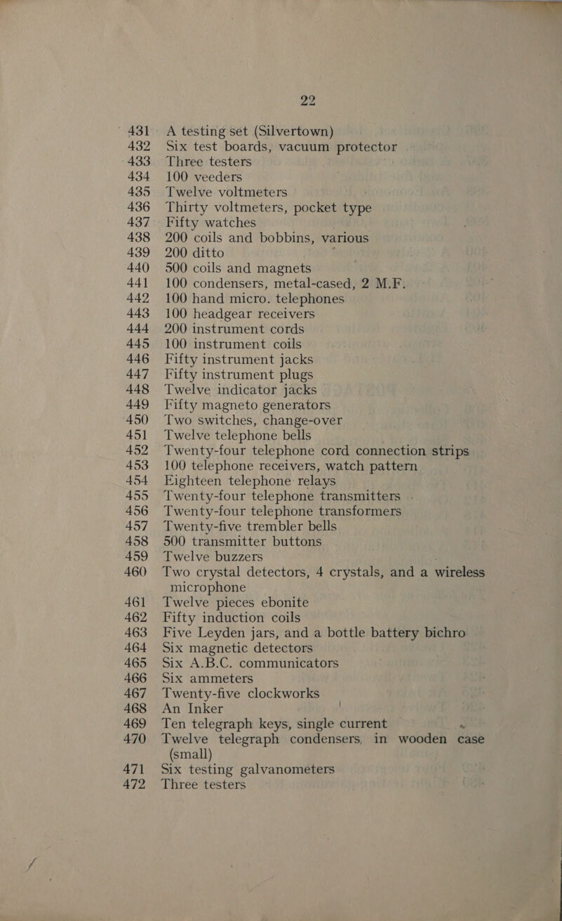 432 433 434 435 436 437 438 439 440 44] 442 443 444 445 446 447 448 A449 450 451 452 453 454 455 456 457 458 459 460 461 462 463 464 465 466 467 468 469 470 471 472 22 A testing set (Silvertown) Six test boards, vacuum an Three testers 100 veeders Twelve voltmeters Thirty voltmeters, pocket Ee Fifty watches 200 coils and bobbins, various 200 ditto 500 coils and magnets 100 condensers, metal-cased, 2 M.F. 100 hand micro. telephones 100 headgear receivers 200 instrument cords 100 instrument coils Fifty instrument jacks Fifty instrument plugs Twelve indicator jacks Fifty magneto generators Two switches, change-over Twelve telephone bells Twenty-four telephone cord connection strips 100 telephone receivers, watch pattern Eighteen telephone relays Twenty-four telephone transmitters . Twenty-four telephone transformers Twenty-five trembler bells 500 transmitter buttons Twelve buzzers Two crystal detectors, 4 crystals, and a wireless microphone Twelve pieces ebonite Fifty induction coils Five Leyden jars, and a bottle battery bichro Six magnetic detectors Six A.B.C. communicators Six ammeters Twenty-five clockworks An Inker Ten telegraph keys, single current “ Twelve telegraph condensers, in wooden case (small) Six testing galvanometers Three testers