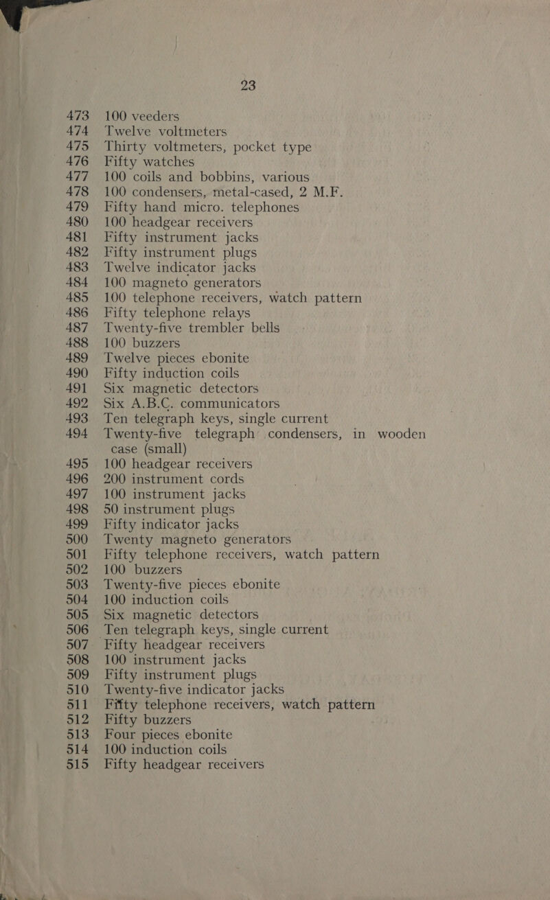  23 100 veeders Twelve voltmeters Thirty voltmeters, pocket type Fifty watches 100 coils and bobbins, various 100 condensers, metal-cased, 2 M.F. Fifty hand micro. telephones 100 headgear receivers Fifty instrument jacks Fifty instrument plugs Twelve indicator jacks 100 magneto generators 100 telephone receivers, watch pattern Fifty telephone relays Twenty-five trembler bells 100 buzzers Twelve pieces ebonite Fifty induction coils Six magnetic detectors Six A.B.C. communicators Ten telegraph keys, single current Twenty-five telegraph condensers, in wooden case (small) 100 headgear receivers 200 instrument cords 100 instrument jacks 50 instrument plugs Fifty indicator jacks Twenty magneto generators Fifty telephone receivers, watch pattern 100 buzzers Twenty-five pieces ebonite 100 induction coils Six magnetic detectors Ten telegraph keys, single current 100 instrument jacks Fifty instrument plugs Twenty-five indicator jacks Fifty telephone receivers, watch pattern Fifty buzzers Four pieces ebonite 100 induction coils Fifty headgear receivers