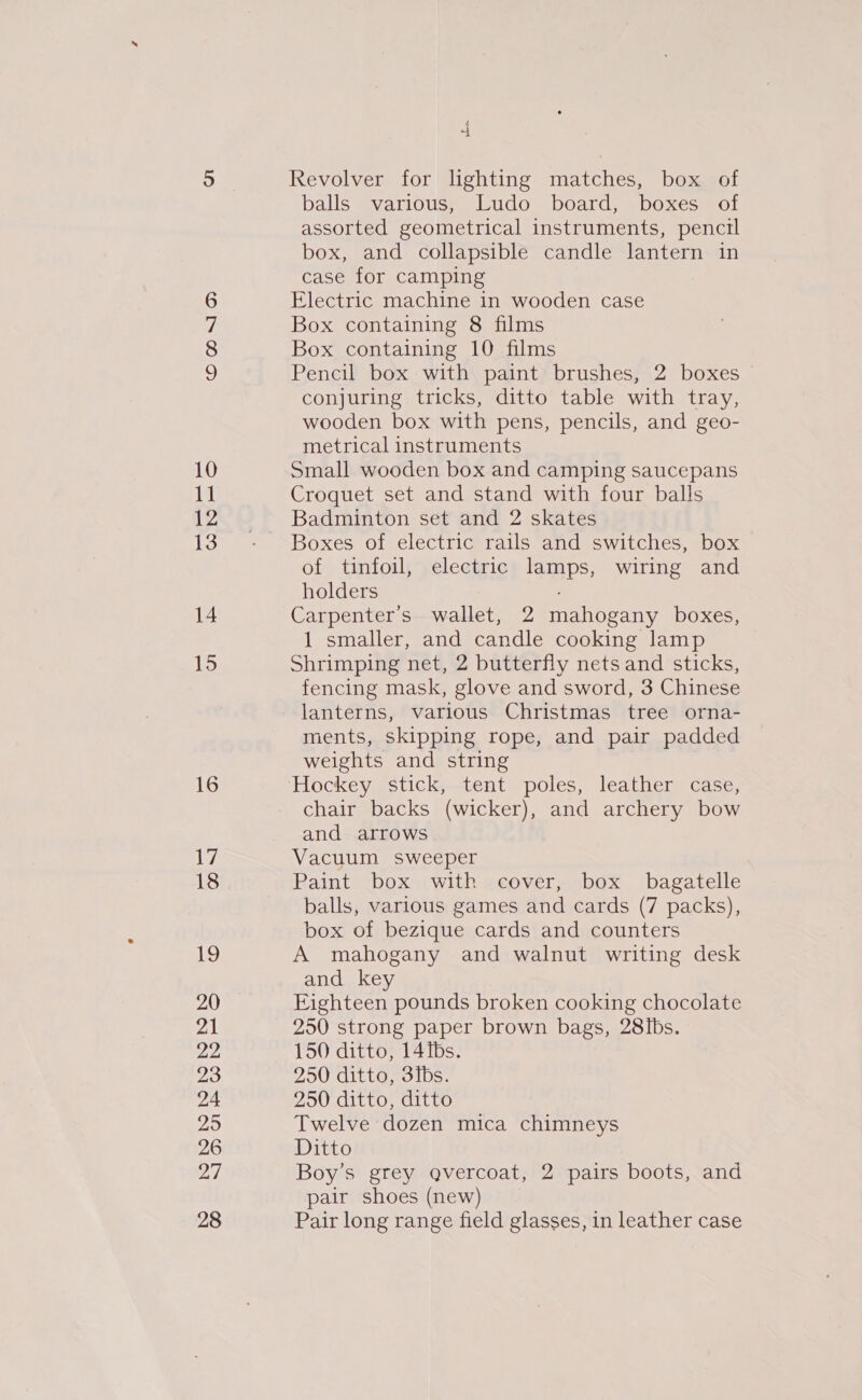 © CONI OD 10 11 12 13 14 15 16 ey, 18 19 20 21 22 23 24 295 26 vat | 28 4 Revolver for lighting matches, box of balls various, Ludo board, boxes of assorted geometrical instruments, pencil box, and collapsible candle lantern in case for camping Electric machine in wooden case Box containing 8 films Box containing 10 films Pencil box with paint brushes, 2 boxes — conjuring tricks, ditto table with tray, wooden box with pens, pencils, and geo- metrical instruments Small wooden box and camping saucepans Croquet set and stand with four balls Badminton set and 2 skates Boxes of electric rails and switches, box of tinfoil, electric lamps, wiring and holders Carpenter's wallet, 2 mahogany boxes, 1 smaller, and candle cooking lamp Shrimping net, 2 butterfly nets and sticks, fencing mask, glove and sword, 3 Chinese lanterns, various Christmas tree orna- ments, skipping rope, and pair padded weights and string chair backs (wicker), and archery bow and arrows Vacuum sweeper Paint box with cover, box bagatelle balls, various games and cards (7 packs), box of bezique cards and counters A mahogany and walnut writing desk and key Eighteen pounds broken cooking chocolate 250 strong paper brown bags, 28Ibs. 150 ditto, 14 Ibs. 250 ditto, 3ibs. 250 ditto, ditto Twelve dozen mica chimneys Ditto Boy’s grey qvercoat, 2 pairs boots, and pair shoes (new) Pair long range field glasses, in leather case