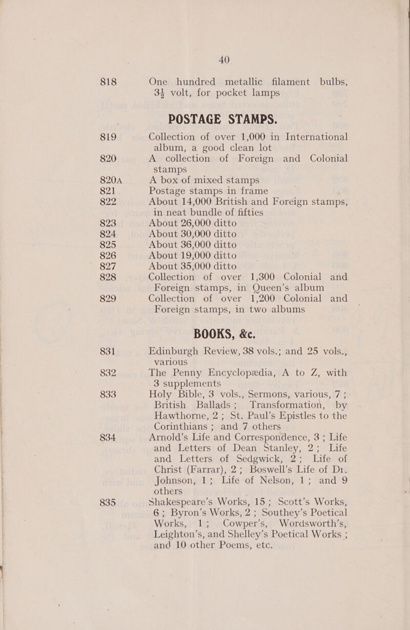 818 819 820 820A 821. 822 823 824 825 826 827 828 829 831 832 833 834 835 40 One hundred metallic filament bulbs, 34 volt, for pocket lamps POSTAGE STAMPS. Collection of over 1,000 in International album, a good clean lot A collection of Foreign and Colonial stamps A box of mixed stamps Postage stamps in frame About 14,000 British and Foreign stamps, in neat bundle of fifties About 26,000 ditto About 30,000 ditto About 36,000 ditto About 19,000 ditto About 35,000 ditto Foreign stamps, in Queen’s album Collection of over 1,200 Colonial and Foreign stamps, in two albums BOOKS, &amp;c. Edinburgh Review, 38 vols.; and 25 vols., various The Penny Encyclopedia, A to Z, with 3 supplements _ Holy Bible, 3 vols., Sermons, various, 7 ; - British Ballads; Transformation, by Hawthorne, 2; St. Paul’s Epistles to the Corinthians ; and 7 others Arnold’s Life and Correspondence, 3 ; Life and plettiers of, Dean, stanley, 2; Lite ands Lettersol--sedewickiia2 =) Lifesot Christ (Farrar), 2; Boswell’s Life of D1. Johnsonjilih Lifevof-Nelsony 1; “and*9 others | Shakespeare’s Works, 15 ; Scott’s Works, 6; Byron’s Works, 2 ; Southey’s Poetical Works, 1; Cowper’s, Wordsworth’s, Leighton’s, and Shelley’s Poetical Works ; and 10 other Poems, etc.