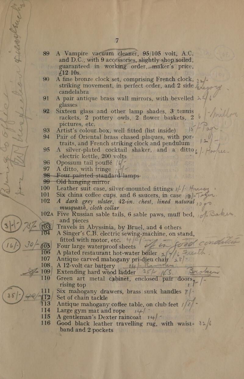 89 A Vampire vacium cleanér, 95/105 volt, A.C. and D.C., with 9 accessories, sightly shop. soiled, suaranteed in working order, .andker’s’ price £12 10s. 90 A fine bronze clock set, comprising French cloek striking movement, in perfect order, and 2 side 4 ,/, candelabra 91 A pair antique brass wall mirrors, ae bevelled glasses 92 Sixteen glass and other lamp ahaties, 3° tennis rackets, 2 pottery owls, 2 flower baskets, 2 pictures, etc. L 93 Artist’s colour-box, well fitted (list inside) = /° 94 Pair of Oriental brass chased plaques, with por- traits, and French striking clock and pendulum 95 A silver-plated cocktail shaker, and a ditto electric kettle, 200 volts borers 96 Opossum tail pouffé /t/- 97 A ditto, with fringe »-/- 98—Four_painted-standard- lamps. 99-—Old-hanging-mirror 100 Leather suit case, silver-mounted fittings: fe fo# ut 101 Six china coffee cups, and 6 saucers, in case ;@/)-7 102 A dark grey ulster, 42-in. chest, lined natal 5 2   Z musquash, cloth collar Five Russian sable tails, 6 sable paws, muff bed, and pieces Travels in Abyssinia, by Bruel, and 4 others A Singer’s C.B. electric sewing- Fhachine,, on stand, fitted with motor, etch | 4 /f Saggy wn PD Four large waterproof sheets #4 2-f ical A plated restaurant hot-water boiler ; a : Antique carved mahogany pri- -dieu chair 2% A 12-volt car. battery aby f-Nnnmnot Remy ? Green art metal cabinet, enclosed pair doors, rising top nie / Six mahogany drawers, brass sunk handles r/ Set of chain tackle Large gym mat and rope pen} &gt; A gentleman’s Dexter raincoat 74, ie ae band and 2 pockets