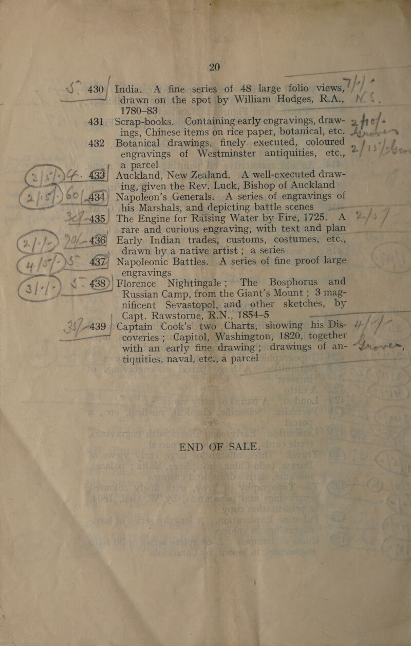  20 India. A fine series of 48 large folio views, ! /*] : drawn on the spot by William Hodges, R.A., Jy. RY 1780-83 anes RS ial Scrap-books. Containing early engravings, draw- 9 #40/« ings, Chinese items on rice paper, botanical, etc. Ayn. pt Botanical drawings, finely. executed, coloured hy shed engravings of Westminster antiquities, etc., 2, 12 [a°bten a parcel Auckland, New Zealand. A well-executed draw- ing, given the Rev. Luck, Bishop of Auckland . his Marshals, and depicting battle scenes i . 5] The Engine for Raising Water by Bire, 1725. A 2/4 / rare and curious engraving, with text and plan 7 Early Indian trades, customs, costumes, etc., drawn by a native artist ; a series engravings . Russian Camp, from the Giant’s Mount ; 3 mag- nificent Sevastopol, and other sketches, by Capt. Rawstorne, R.N., 1854-5 mT re ie | with an early fine drawing; drawings of an- “~&amp;evt, tiquities, naval, etc., a parcel U5 = eons END OF SALE.
