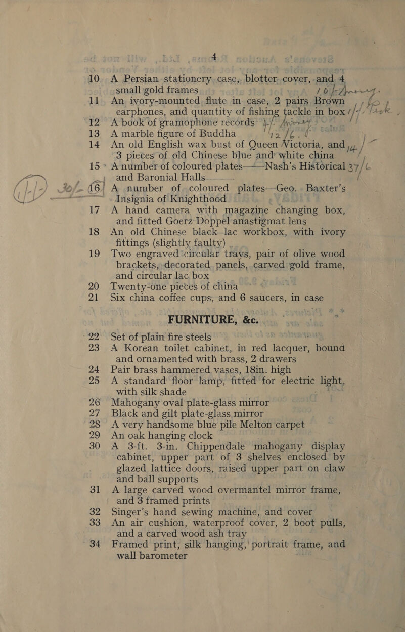ya | A Persian stationery. case,. blotter cover,-and 4 small gold frames 1 Of- gee An ivory-mounted flute in case, 2 pairs Brown earphones, and quantity of fishing ackle i in box { “Look He, A-book of gramophone records: 4. Sorin I$. : A marble figure of Buddha 12. deat ‘Sk An old English wax bust of Queen ictoria, and stb 1 &gt; 3 pieces of old Chinese blue ra Ae white china f Nash’s Historical 27 G  and Baronial Halls. Insignia of Knighthood A hand camera with magazine See box, and fitted Goerz Doppel anastigmat lens An old Chinese black.lac workbox, with ivory fittings (slightly faulty) . Two engraved ‘circular trays, pair of olive wood brackets, decorated panels, carved gold frame, and circular lac box Twenty-one pieces of china Six china cone cups, and 6 saucers, in case FURNITURE, &amp;@. Set of plain fire steels A Korean toilet cabinet, in ea HeeUe % bound and ornamented with brass, 2 drawers Pair brass hammered vases, 18in. high A standard’ floor lamp, fitted for elec light, with silk shade 2 Mahogany oval plate-glass mirror Black and gilt plate-glass mirror A very handsome blue pile Melton carpet An oak hanging clock A 3-ft. 3-in. Chippendale mahogany display cabinet, upper part of 3 shelves enclosed by glazed lattice doors, raised upper part on claw and ball supports A large carved wood overmantel mirror frame, and 3 framed prints Singer’s hand sewing machine, and cover An air cushion, waterproof cover, 2 boot pulls, and a carved wood ash tray Framed print, silk hanging,’ portrait frame, and wall barometer