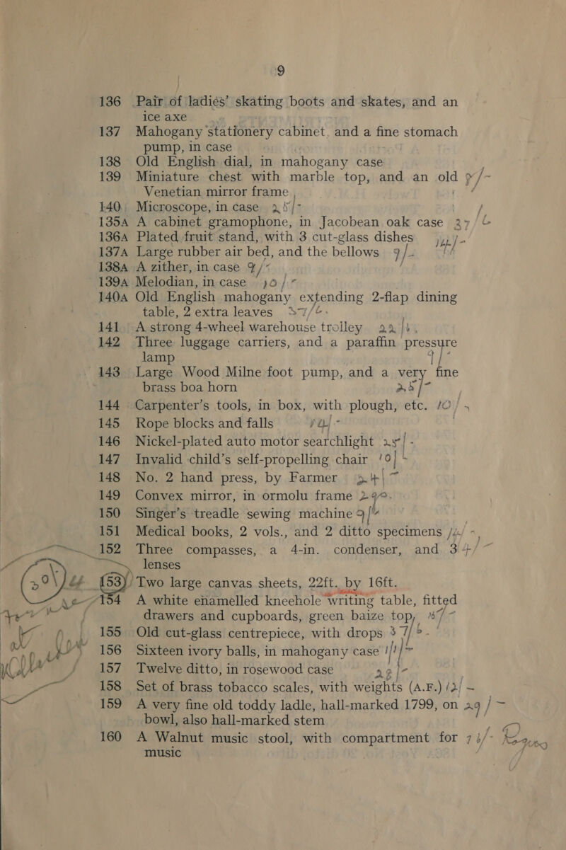 136 Pair of ladi¢s’ skating boots and skates, and an iceaxe. 137 Mahogany ‘stationery cabinet, and a fine stomach pump, in case | 138 Old English dial, in mahogany case 139 Miniature chest with marble top, and an old a Venetian mirror frame 140. Microscope, in case wy ; Lf 135A A cabinet gramophone, in Jacobean oak case 27% 136A Plated fruit stand, with 3 cut-glass dishes, ‘b- 137A Large rubber air bed, and the bellows 9 fe SBA 1384 A zither, in case Y/ | 139A Melodian, in case 0} jit 140a Old English mahogany ean Gure 2-flap dining 9 ) 141. A strong 4-wheel warehouse trolley 29 |, 142 Three luggage carriers, and a paraffin pressyre lamp f° 143. Large Wood Milne foot pump, and a very fine brass boa horn ae he 144 Carpenter’s tools, in box, with plough, etc. /O/ . 145 Rope blocks and falls yy) - | 146 Nickel-plated auto motor searchlight 2) - 147 Invalid child’s self-propelling chair /0] ~ 148 No. 2 hand press, by Farmer 3 \~ 149 Convex mirror, in ormolu frame “ye 150 Singer’s treadle sewing machine 9 | 151 Medical books, 2 vols., and 2 ditto specimens /x/ &gt;. 152 Three compasses, a 4-in. condenser, and 3+ 155 156 157 158 159 music 16ft. AF | -”