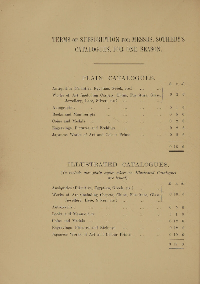 TERMS or SUBSCRIPTION ror MESSRS, SOTHEBY'S CATALOGUES, FOR ONE SEASON,   PLAIN. CATALOGUES. Antiquities (Primitive, Egyptian, Greek, etc.) Works of Art (including Carpets, China, Furniture, Glass, 0 2.6 Jewellery, Lace, Silver, ete.) Autographs... 0, 5 as Books and Manuscripts Oo Be 20 Coins and Medals 0: Soe SG Engravings, Pictures and Etchings 0. 2G Japanese Works of Art and Colour Prints Qo 36 0.162% LGU STRAT: CATADROG Us: (To include also plain copies where no Illustrated Catalogues are issued). Antiquities (Primitive, Egyptian, Greek, ete.) Works of Art (including Carpets, China, Furniture, Glass,f 0 10 6 Jewellery, Lace, Silver, etc.) Autographs... O50 Books and Manuscripts ee Coins and Medals... He ie ae 45 O05 12°06 Knegravings, Pictures and Etchings O12 6 Japanese Works of Art and Colour Prints O20..46 