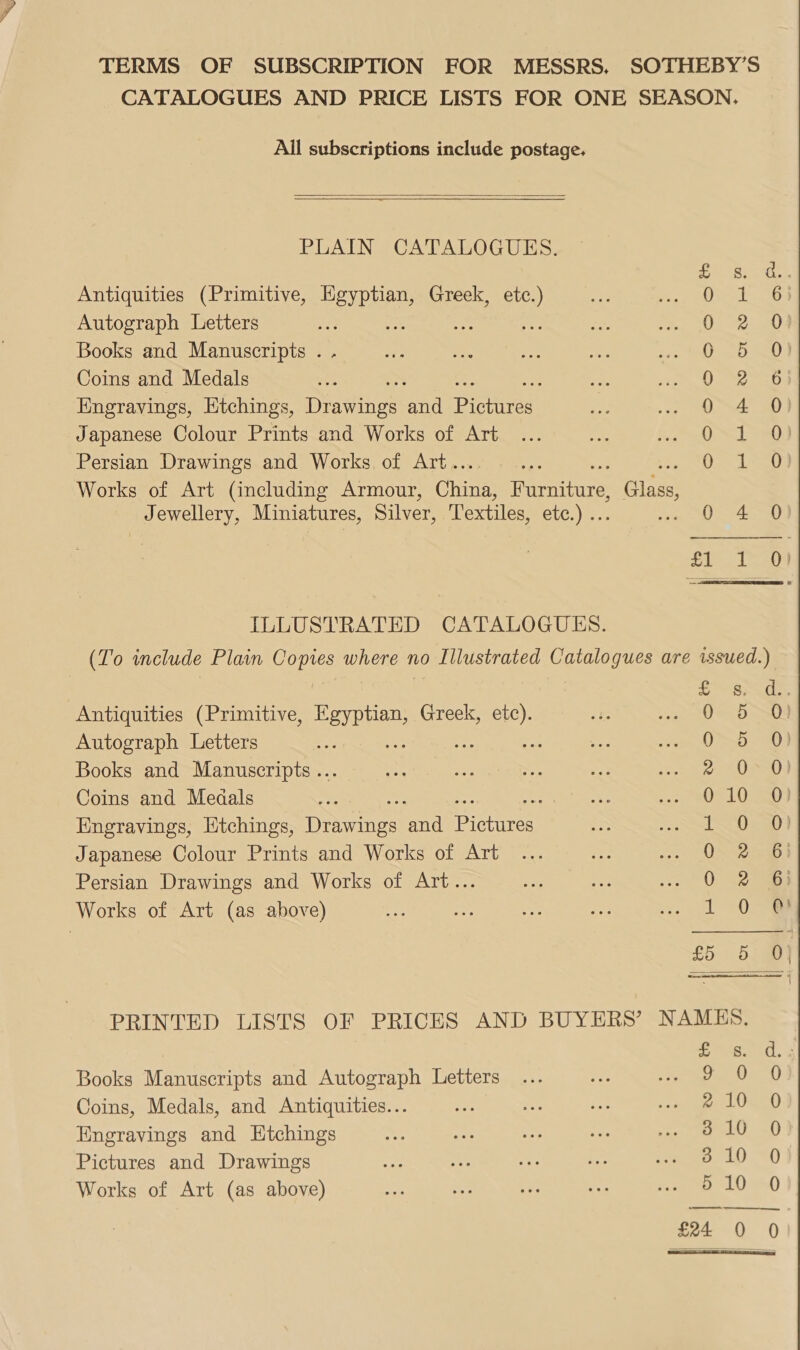 All subscriptions include postage.  PLAIN CATALOGUES.   eee es Antiquities (Primitive, ee ce Greek, etc.) Dei: oI Autograph Letters : oe ree 0 2 90) Books and Manuscripts . Donth 301 Coins and Medals 2 0. =p Engravings, Etchings, Davin aed IS CHFES O04) Japanese Colour Prints and Works of Art OST re) Persian Drawings and Works of Art.. 0 1 0) Works of Art (including Armour, Ching nena Bae co ewellery, Miniatures, Silver, Textiles, elC.)a. py eee) tue i 0) ILLUSTRATED CATALOGUES. (To include Plain ERS where no Illustrated Catalogues are issued.) | | 2B Ge. Antiquities (Primitive, estes Greek, etc). 0 50) Autograph Letters : sf 0 5 0) Books and Manuscripts ... 2 OSD) Coins and Medals es 0°10 20) Engravings, Htchings, Deer end Pirie 02 aD Japanese Colour Prints and Works of Art Osa sea | Persian Drawings and Works of Art... 0.25 81 Works of Art (as above) ts £5 550 PRINTED LISTS OF PRICES AND BUYERS’ NAMES Be 4 Books Manuscripts and Autograph Letters ... ry: Peg a et Coins, Medals, and Antiquities... : ae ; LO 4) Engravings and Htchings ne By te Atte) Pictures and Drawings om ae A oe ere 4) 0 Works of Art (as above) oe ae et £24