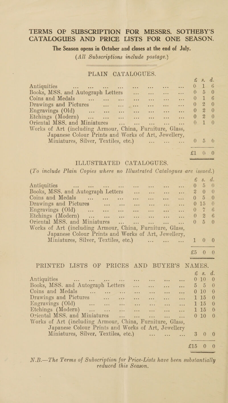 TERMS OF SUBSCRIPTION FOR MESSRS. SOTHEBY’S CATALOGUES AND PRICE LISTS FOR ONE SEASON. The Season opens in October and closes at the end of July. (All Subscriptions wmelude postage.)  PLAIN CATALOGUES. th Antiquities ais Books, MSS. and Autograph L Letters Coins and Medals Drawings and Pictures Engravings (Old) Ktchings (Modern) ... Oriental MSS. and Miniatures Works of Art (including Armour, China, “Furniture, ‘Glass, Japanese Colour Prints and Works of Art, J owellery, | Miniatures, Silver, Textiles, etc.) 0 58 SGoocooce HS wrwwrHar? DOOCOMKAOO®e®  Sk U&lt;p ILLUSTRATED CATALOGUES. (To include Plain Copies where no Illustrated Catalogues are issued.) oS) on Se SS &gt; SOOO CC Oe E 8. =a: Antiquities a 0 5 Books, MSS. and Autograph I Letters ze @ Coins and Medals Re eg ae RE Drawings and Pictures epee a ern Ae Engravings (Old) Oy Etchings (Modern) 0 32 Oriental MSS. and Miniatures - 0 5 Works of Art (including Armour, China, Furniture, “Glass, Japanese Colour Prints and Works of Art, Jew ewellery, Miniatures, Silver, Textiles, etc.) je £5 0 PRINTED LISTS OF PRICES AND BUYER’S NAMES. &amp; &amp;. Antiquities ‘is ges *. age. tens Sheen Ste Books, MSS. and Autograph L Letters 5 5 Coins and Medals ees ae) ee eee Drawings and Pictures wis. =&lt; yaphh . Gatgs =) Scare) elas Aig ee Ingravings (Old) #515 Etchings (Modern) 1. La Oriental MSS. and Miniatures 0 10 Works of Art (including Armour, China, “Furniture, Glass, Japanese Colour Prints and Works of Art, Jew ellery Miniatures, Silver, Textiles, etc.) = a: O80 £15 OOS   N.B.—The Terms of Subscription for Price-Lists have been substantially reduced this Season.