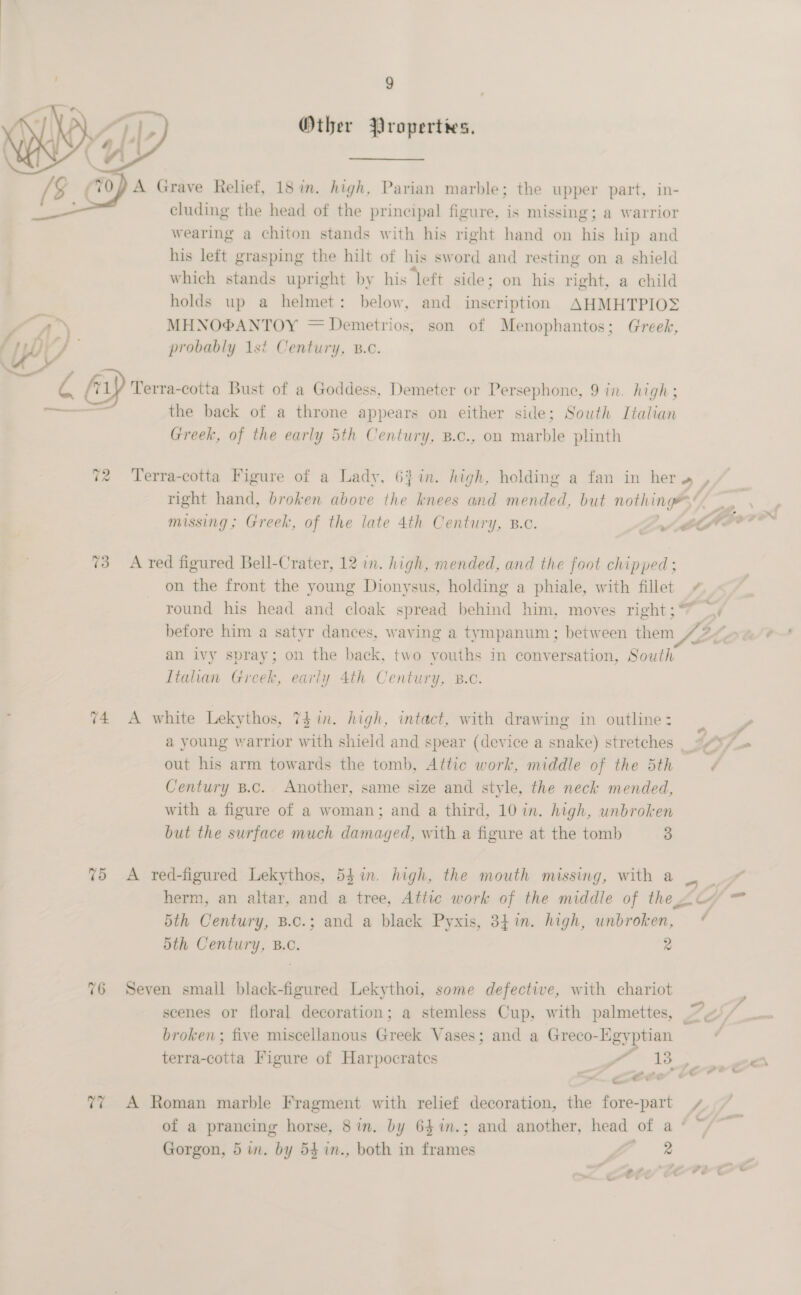   9 Other Properties, cluding the head of the principal figure, is missing; a warrior wearing a chiton stands with his right hand on his hip and his left grasping the hilt of his sword and resting on a shield which stands upright by his left side; on his right, a child holds up a helmet: below, and inscription AHMHTPIOS MHNO®ANTOY = Demetrios, son of Menophantos; Greek, probably 1s? Century, B.c. ee ~? wo 73 74 7d 76 the back of a throne appears on either side; South Italian Greek, of the early 5th Century, B.c., on marble plinth A red figured Bell-Crater, 12 in. high, mended, and the foot chipped; on the front the young Dionysus, holding a phiale, with fillet an ivy spray; on the back, two vouths in conversation, South Italian Greek, early 4th Century, 8.c. A white Lekythos, 7d in. high, intact, with drawing in outline: J ? oOo out his arm towards the tomb, Attic work, middle of the 5th Century B.c. Another, same size and style, the neck mended, with a figure of a woman; and a third, 10 in. high, unbroken but the surface much damaged, with a figure at the tomb 3 A red-figured Lekythos, 54%in. high, the mouth missing, with a 5th Century, B.c.; and a black Pyxis, 341m. high, unbroken, 5th Century, B.C. 2 Seven small black-figured Lekythoi, some defective, with chariot ai broken; five miscellanous Greek Vases; and a Greco-Egyptian terra-cotta Figure of Harpocratcs ee AS EL . e Gorgon, 5 in. by 54 in., both in frames GF 2 — ¢ / .