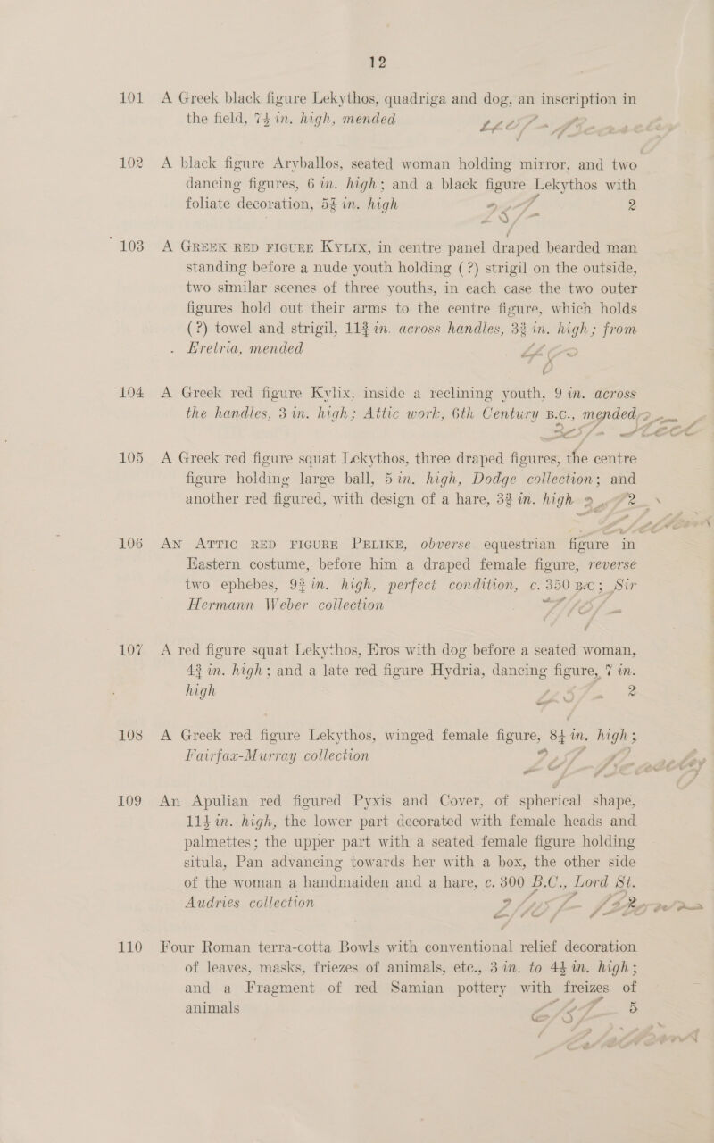101 102 308 104 L105 106 10% 108 109 110 12 A Greek black figure Lekythos, quadriga and dog, an inscription in the field, 74 1n. high, mended SDSS r 2 LLO/ = ff dancing figures, 6 in. high; and a black figure a with foliate ‘decoration, 5g in. high IS «jh 2 A GREEK RED FIGURE KyYLIx, in centre panel draped bearded man standing before a nude youth holding (?) strigil on the outside, two similar scenes of three youths, in each case the two outer figures hold out their arms to the centre figure, which holds (?) towel and strigil, 112 in. across handles, 3% in. high; from Eretria, mended (LOD fj f A Greek red figure Kylix, inside a reclining youth, 9 in. across re A Greek red figure squat Lekythos, three draped figures, the centre figure holding large ball, 5im. high, Dodge collection; and * astern costume, before him a draped female figure, reverse two ephebes, 9$in. high, perfect condition, c. 350 Bec; Sir Hermann Weber collection Sy Ae j heel Y= A red figure squat Lekythos, Eros with dog before a seated woman, 43 in. high; and a late red figure Hydria, dancing figure, 7 in. A Greek red figure Lekythos, winged female youre 8h i in. ee Fairfax-Murray collection *” wast 2 An Apulan red figured Pyxis and Cover, of spherical shape, 11idin. high, the lower part decorated with female heads and palmettes; the upper part with a seated female figure holding situla, Pan advancing towards her with a box, the other side of the woman a handmaiden and a hare, c. us B. om Sikes St. Go / FT ‘ om F Four Roman terra-cotta Bowls with conventional relief decoration of leaves, masks, friezes of animals, etc., 31n. to 44 am. high; and a Fragment of red Samian pottery with freizes of ~ al animals Lo fe?p Ds Ve ) cA