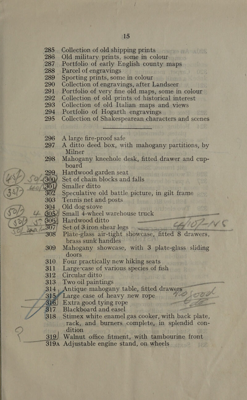 285... Collection of old shipping prints 286 Old military prints, some in colour 287 Portfolio of early English county maps 288 Parcel of engravings 289 Sporting prints, some in colour 290 Collection of engravings, after Landseer 291. Portfolio of very fine old maps, some in colour 292 Collection of old prints of historical interest 293 Collection of old Italian maps and views 294 Portfolio of Hogarth engravings 295 Collection of Shakespearean characters and scenes 296 A large fire-proof safe 297. A ditto deed box, with mahogany partitions, by Milner 298 Mahogany kneehole desk, fitted drawer and cup- board . Hardwood garden seat Set of chain blocks and falls Smaller ditto | Speculative old battle picture, in gilt frame 303 Tennis net and posts     Set of 3iron shear legs 7 Ch brass sunk handles 309 Mahogany showcase, with 3 plate-glass sliding doors 310 Four practically new hiking seats 311 Large-case of various species of fish 312. Circular ditto   | Blackboard and easel it 318 Stimex white enamel gas cooker, with eg plate, rack, and burners complete, in splendid con- a, dition \ Os va Walnut office fitment, with tambourine FLOM, . 319 Adjustable engine stand, on. wheels _  L pes /) 304 , Old dog:stove (S$ 80 2} Small 4-wheel warehouse truck Pees ieee T Rod \.¢ | Hardwood ditto enn A Py , Antique mahogany table, fitted drawers” eee A Large case of heavy new rope VO Se reo : Extra good tying rope ell dag