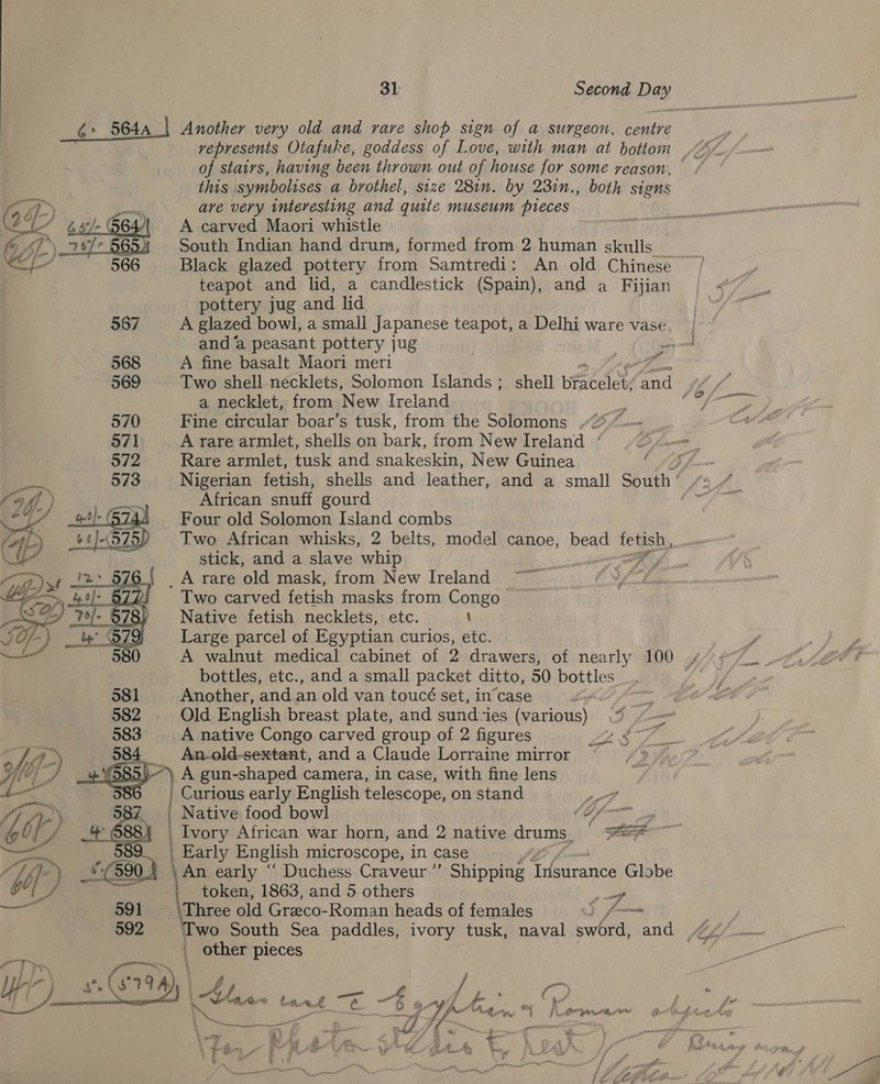 (4 5644_| Another very old and rare shop sign of a surgeon, bokdne represents Otafuke, goddess of Love, with man at bottom JE A of stairs, having been thrown out of house for some veason, / this symbolises a brothel, size 28in. by 23in., both signs je te Some are very interesting and quite museum pieces “ 68/-(564/|. A carved Maori whistle | 387° South Indian hand drum, formed from 2 human skulls  566 Black glazed pottery from Samtredi: An old Chinese ~ teapot and lid, a candlestick (Spain), and a Fijian pottery jug and lid 567 A glazed bowl, a small Japanese teapot, a Delhi ware vase, and ‘a peasant pottery jug : Ce, 568 A fine basalt Maori meri , 569 Two shell necklets, Solomon Islands; shell binkeley cer iff f a necklet, from New Ireland ? z Fine circular boar’s tusk, from the Solomons .~%.”~- . A rare armlet, shells on bark, from New Ireland ’ Rare armlet, tusk and snakeskin, New Guinea ‘fo f— Nigerian fetish, shells and leather, and a small South’ /3_/ va African snuff gourd a 43 Four old Solomon Island combs Two African whisks, 2 belts, model canoe, bead te. stick, and a slave whip _A rare old mask, from New Ireland Two carved fetish masks from Congo ~ Native fetish necklets, etc. \ Large parcel of Egyptian curios, etc. A walnut medical cabinet of 2 drawers, of nearly 100 / bottles, etc., and a small packet ditto, 50 bottles _, 581 Another, and an old van toucé set, in’case F Old English breast plate, and sund-ies (various) I _ A native Congo carved group of 2 figures | An-_old-sextant, and a Claude Lorraine mirror A gun-shaped camera, in case, with fine lens Curious early English telescope, on stand Aue Native food bowl Lot arent Ivory African war horn, and 2 native drums, | SF _ Early English microscope, in case An early “ Duchess Craveur ”’ Shipping Tupunaice Globe : -| token, 1863, and 5 others Lf 591 ee old Greco-Roman heads of females o f- 592 wo South Sea paddles, ivory tusk, naval sword, and | other pieces aT) , ri ) v7 dy aT) oc: ee. ch. a Ly / * §  pues Ne) ee mee  * Raggio E ¥ us os ie f Panes Qed tne Ag d A by i / R : \ Bl spi a jt A A ON BP itn, eT tee, | if go OO NS ete aig ° fg Ce IZ &lt; tf P's