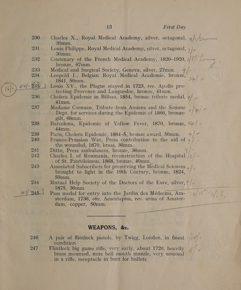 230 :: 231 232 233 234 236 237 238 239 240 241 242 243 244 246 247 13 First Day Charles X., Royal Medical Ag deray silver, octagonal, 30mm. 30mm. Centenary of the French Medical eeatlemy, 1820-1920, bronze, 67mm. =~ mJ Leopold I., Belgian Royal Medical Academie, bronze, 1841, 56mm. Louis XV., the Plague stayed in 1723, vev. Apollo pro- tecting Provence and Languedoc, bronze, 41mm. 41mm. Madame Cornuan, Tribute from apo and the Somme Dept. for services during the Epidemic of 1866, bronze- gilt, 68mm. Barcelona, Epidemic of Yellow Fever, 1870, bronze, 44mm. Paris, Cholera Epidemic, 1884-5, bronze award, 50mm. = the wounded, 1870, brass, 36mm. Ditto, Press ambulances, bronze, 36mm. , of St. Panteleimon, 1868, bronze, 40mm. Associated Subscribers for preserving the Medical Sciences brought to light in the 19th Century, bronze, 1824, 50mm. . 1875, 36mm. Pass medal for entry into the edit des. Médecins, “Am- _-sterdam, 1736, obv. Aesculapius, vev. arms of Amster- dam, copper, 50mm. WEAPONS, &amp;c. A pair of flintlock pistols, by Twigg, London, in finest condition Flintlock big game rifle, very early, about 1720, heavily brass mounted, note bell mouth muzzle, very unusual in a rifle, receptacle in butt for bullets